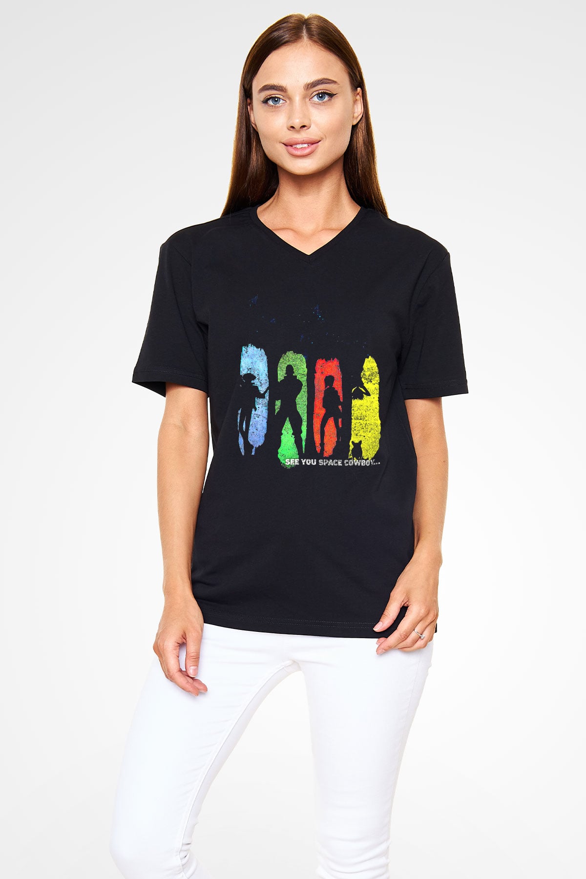 Cowboy Bebop Baskılı Unisex Siyah V Yaka Tişört - Tshirt