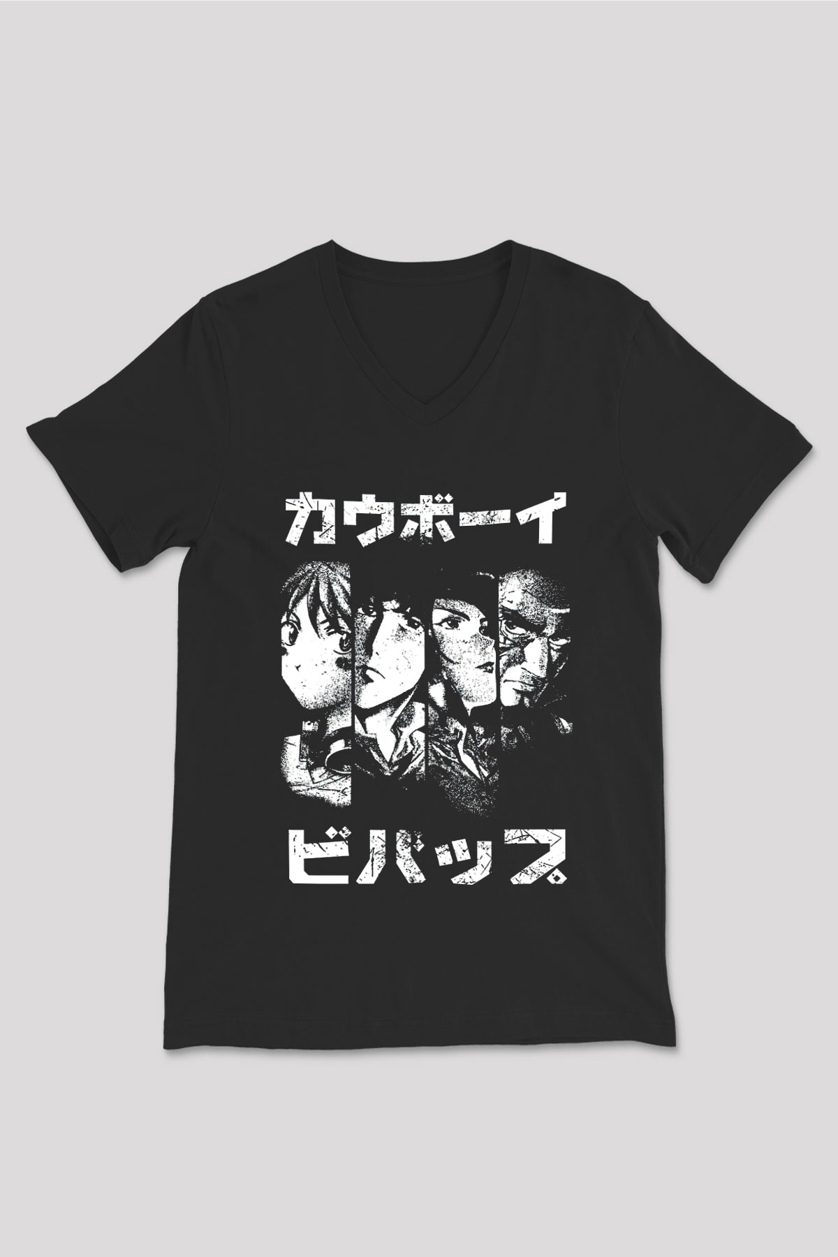 Cowboy Bebop Baskılı Unisex Siyah V Yaka Tişört - Tshirt