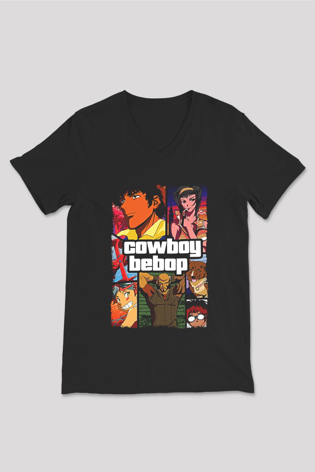 Cowboy Bebop Baskılı Unisex Siyah V Yaka Tişört - Tshirt