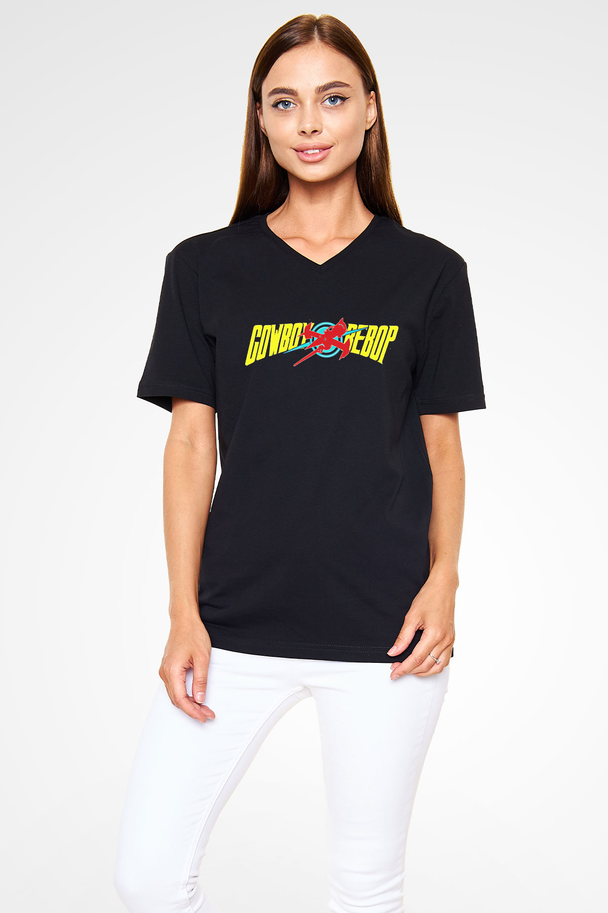 Cowboy Bebop Baskılı Unisex Siyah V Yaka Tişört - Tshirt