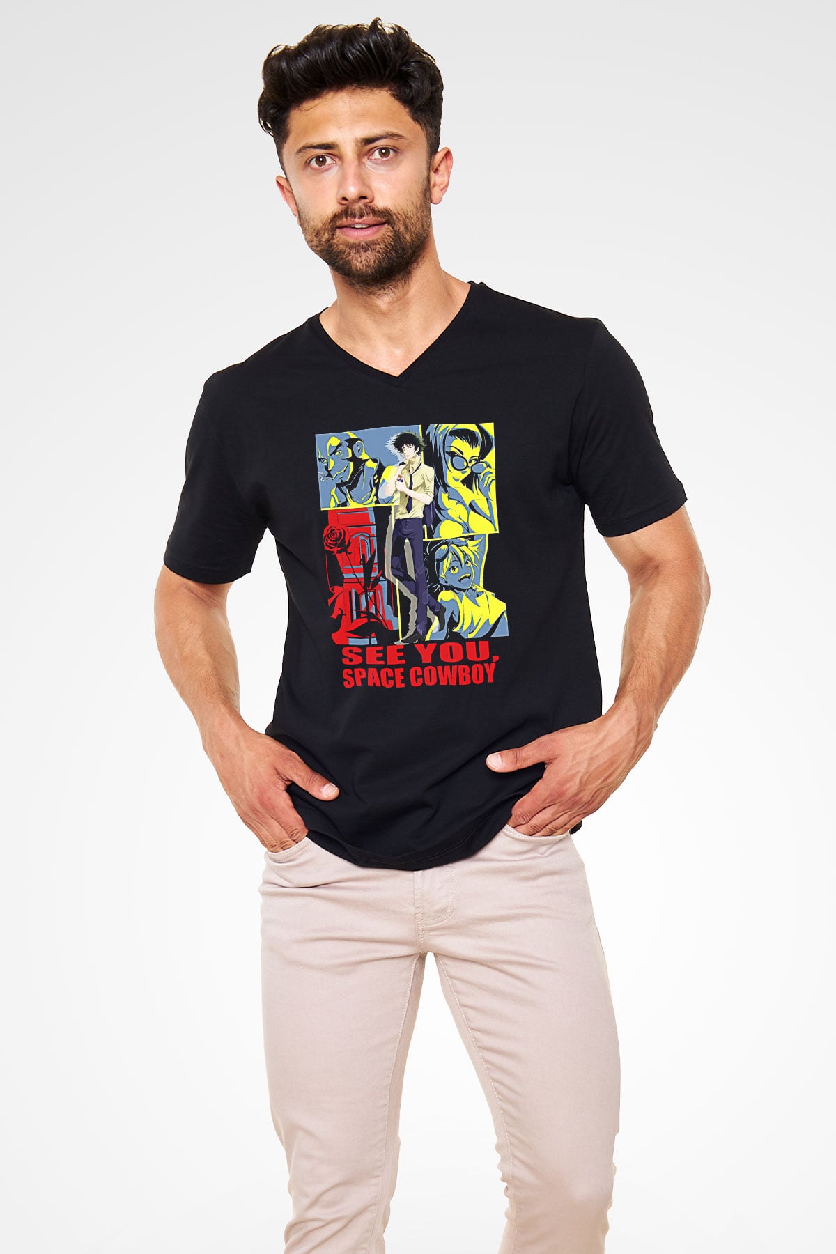 Cowboy Bebop Baskılı Unisex Siyah V Yaka Tişört - Tshirt
