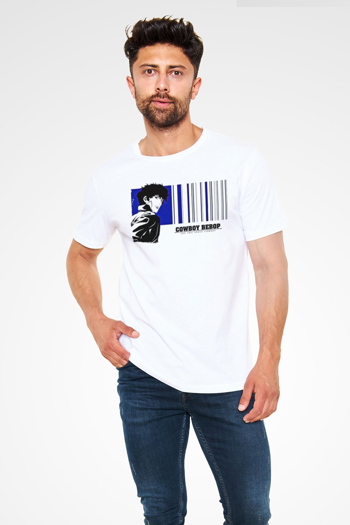Cowboy Bebop Unisex Baskılı Beyaz Tişört - Tshirt