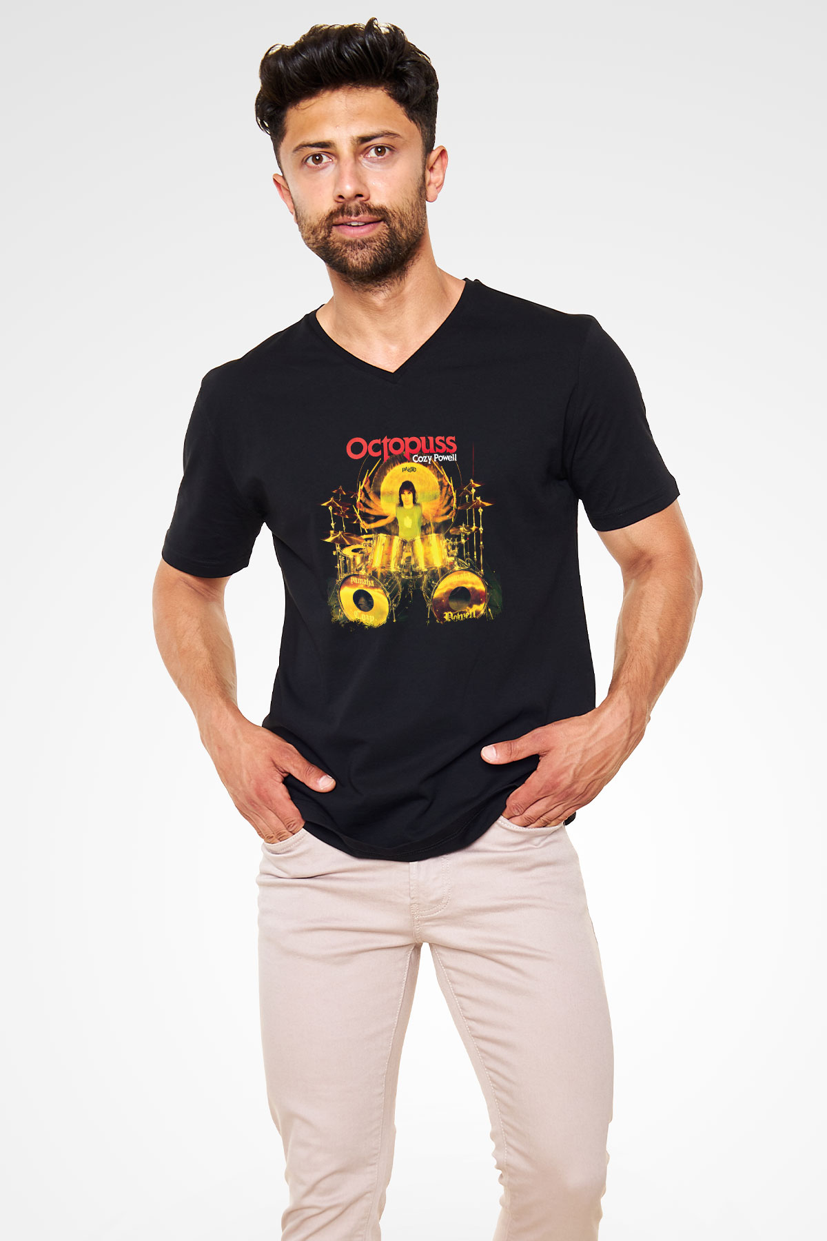 Cozy Powell Baskılı Unisex Siyah V Yaka Tişört