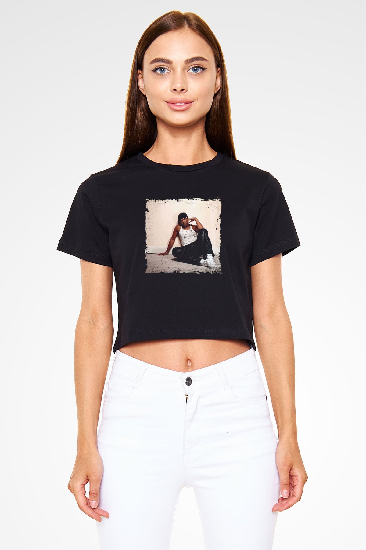 Craig David Baskılı Crop Top Siyah Kadın Tişört