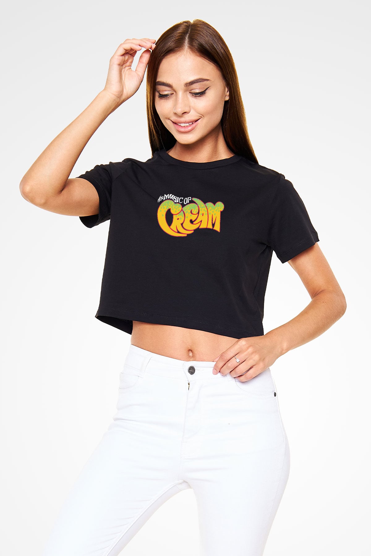 Cream Baskılı Siyah Crop Top Kadın Tişört - Tshirt