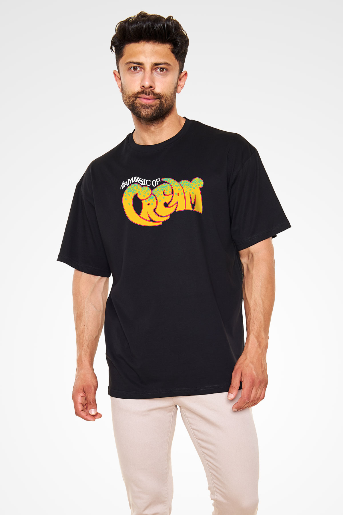 Cream Baskılı Unisex Siyah Oversize Tişört - Tshirt