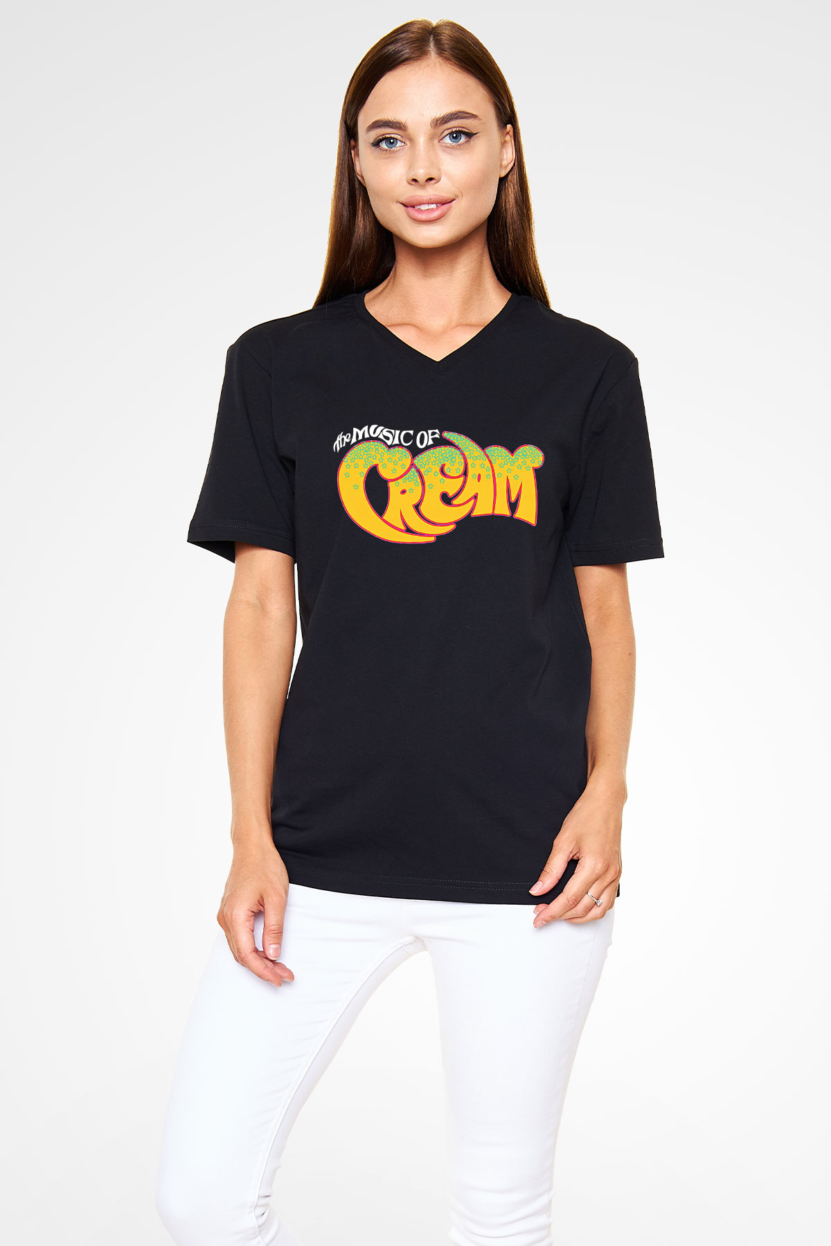 Cream Baskılı Unisex Siyah V Yaka Tişört - Tshirt