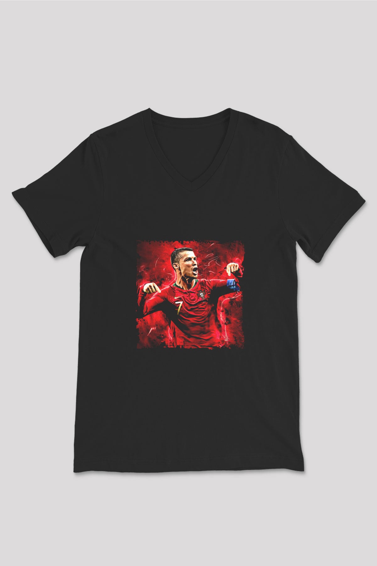 Cristiano Ronaldo Baskılı Unisex Siyah V Yaka Tişört