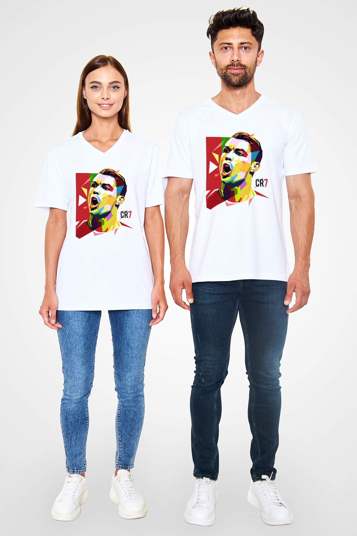 Cristiano Ronaldo Beyaz Unisex V Yaka Tişört T-Shirt