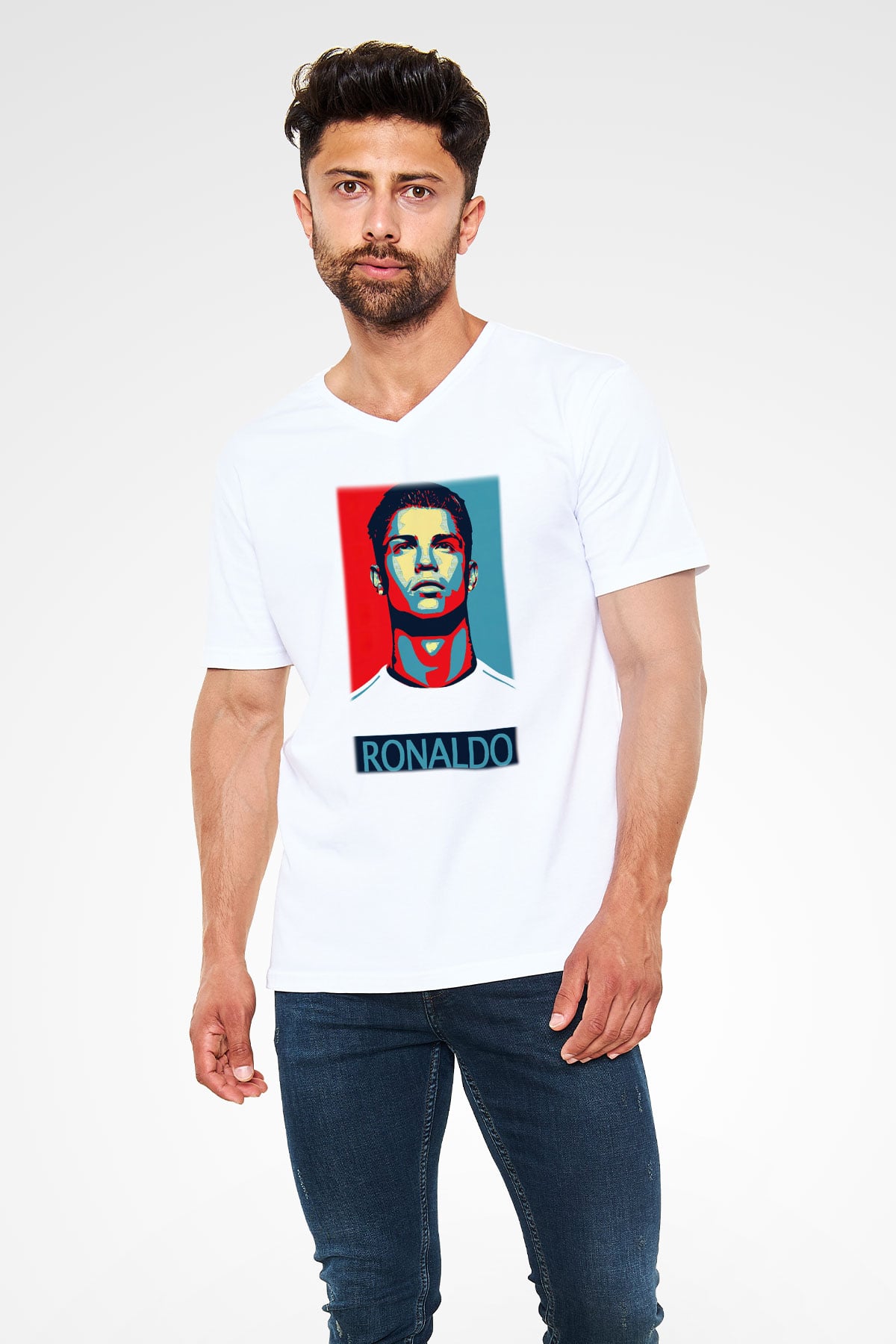 Cristiano Ronaldo Beyaz Unisex V Yaka Tişört T-Shirt