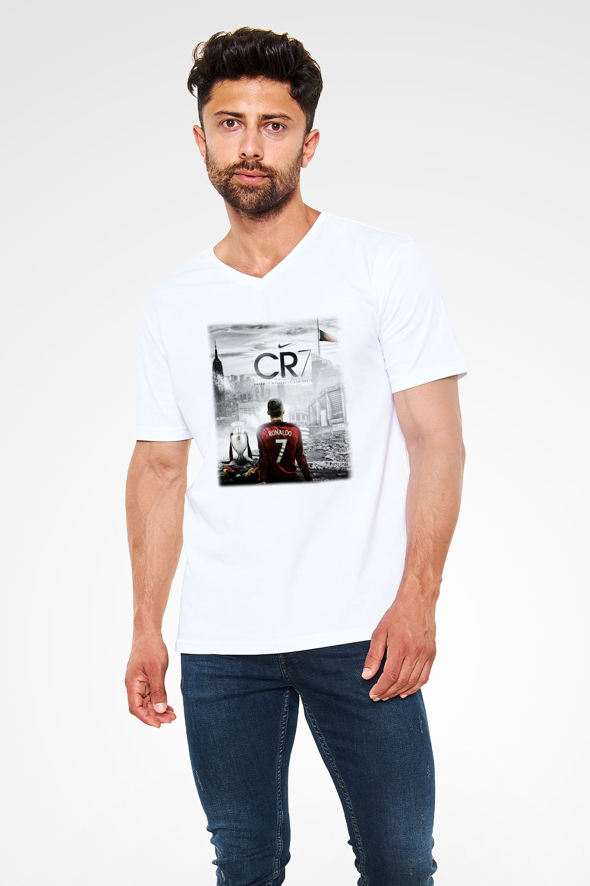 Cristiano Ronaldo Beyaz Unisex V Yaka Tişört T-Shirt