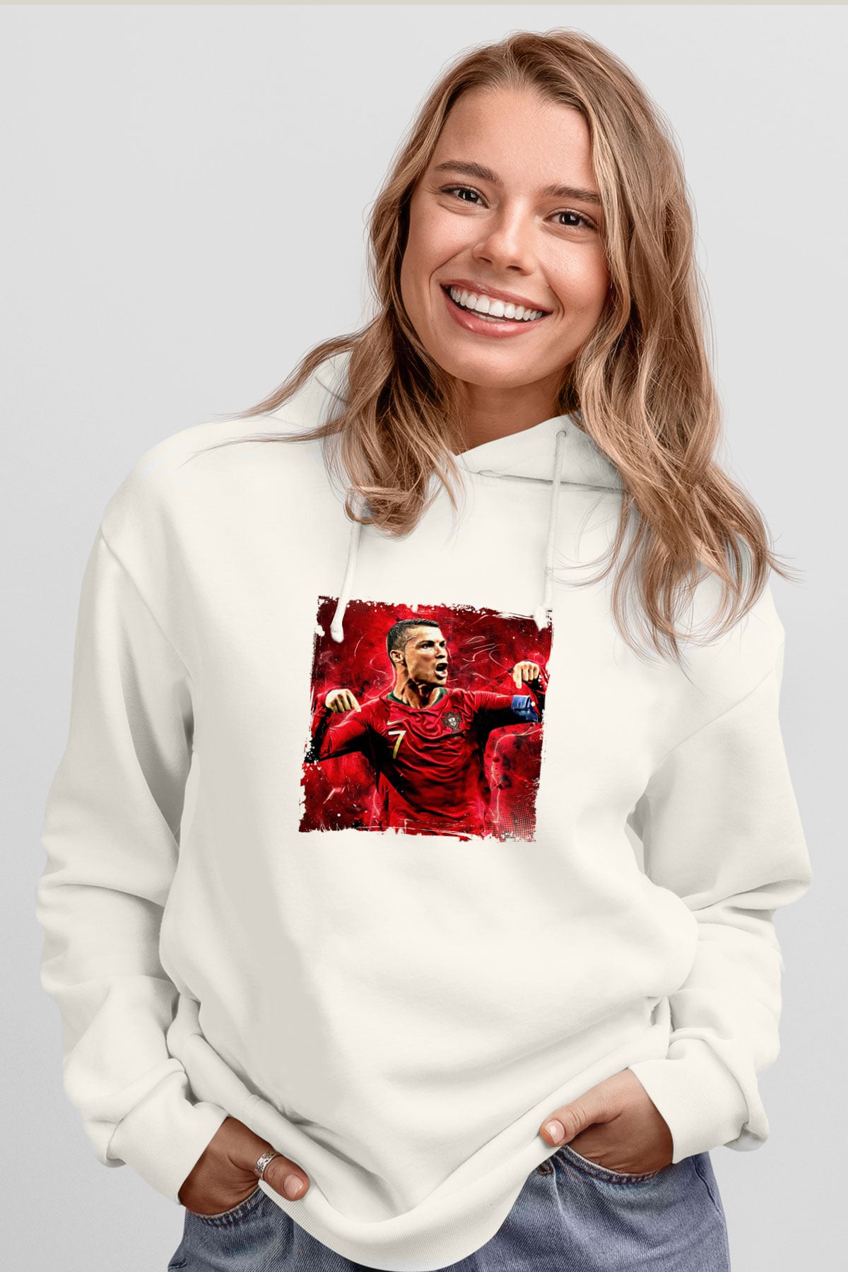 Cristiano Ronaldo Unisex Baskılı Beyaz Kapüşonlu Sweatshirt