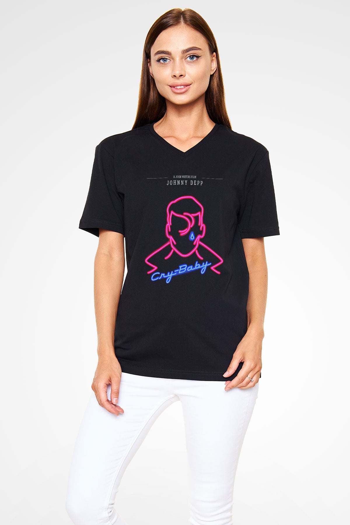 Cry-Baby Siyah Unisex V Yaka Tişört