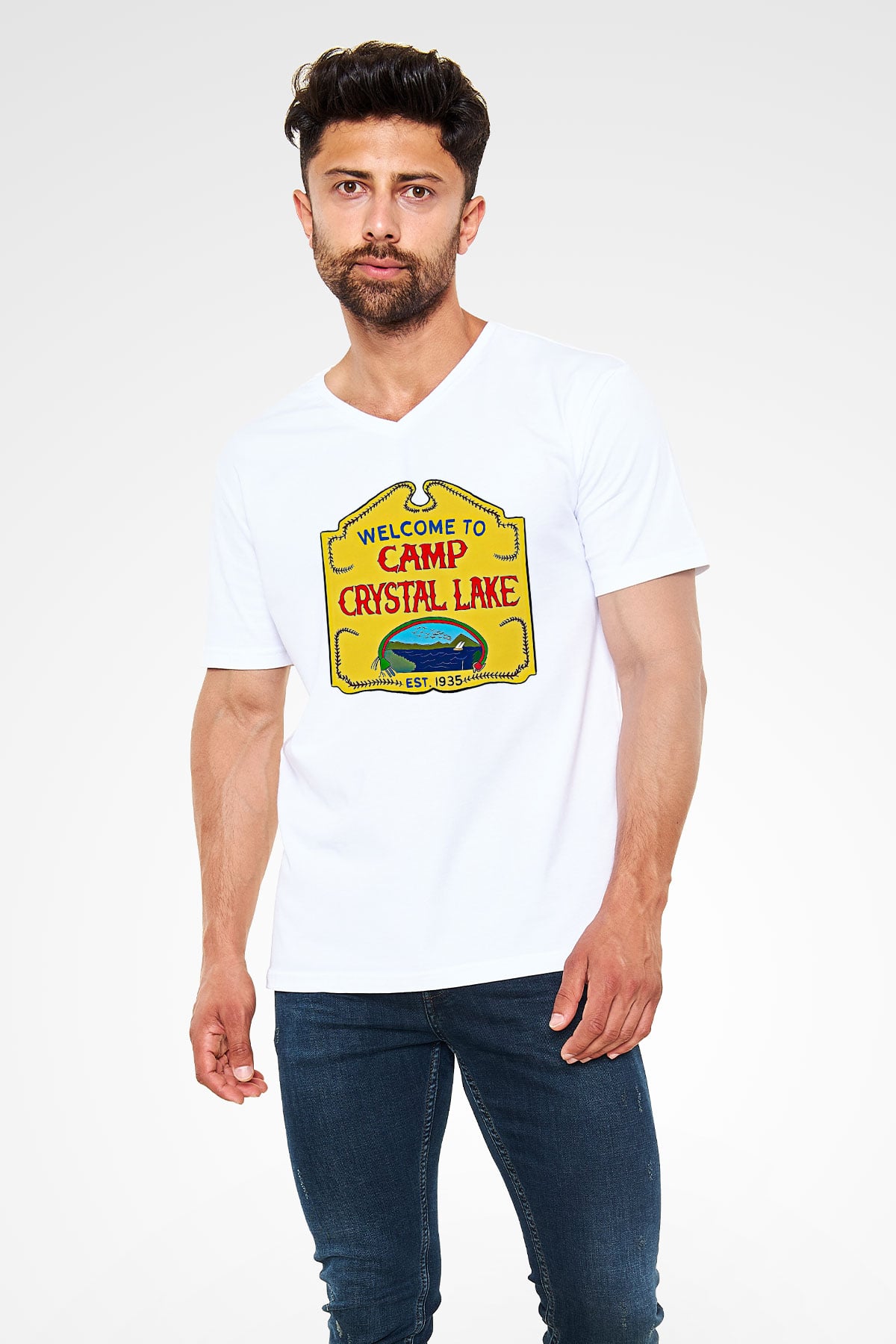 Crystal Lake Baskılı Beyaz Unisex V Yaka Tişört - Tshirt
