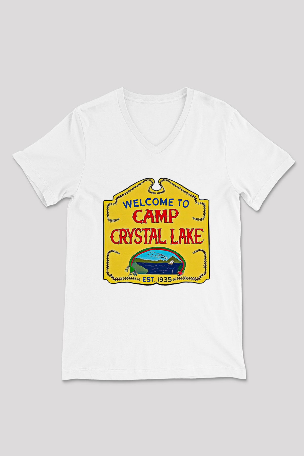 Crystal Lake Baskılı Beyaz Unisex V Yaka Tişört - Tshirt