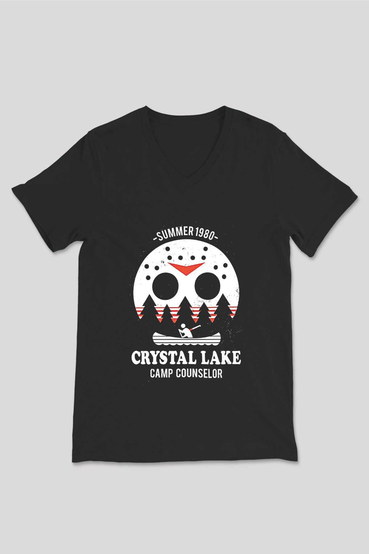 Crystal Lake Baskılı Unisex Siyah V Yaka Tişört - Tshirt