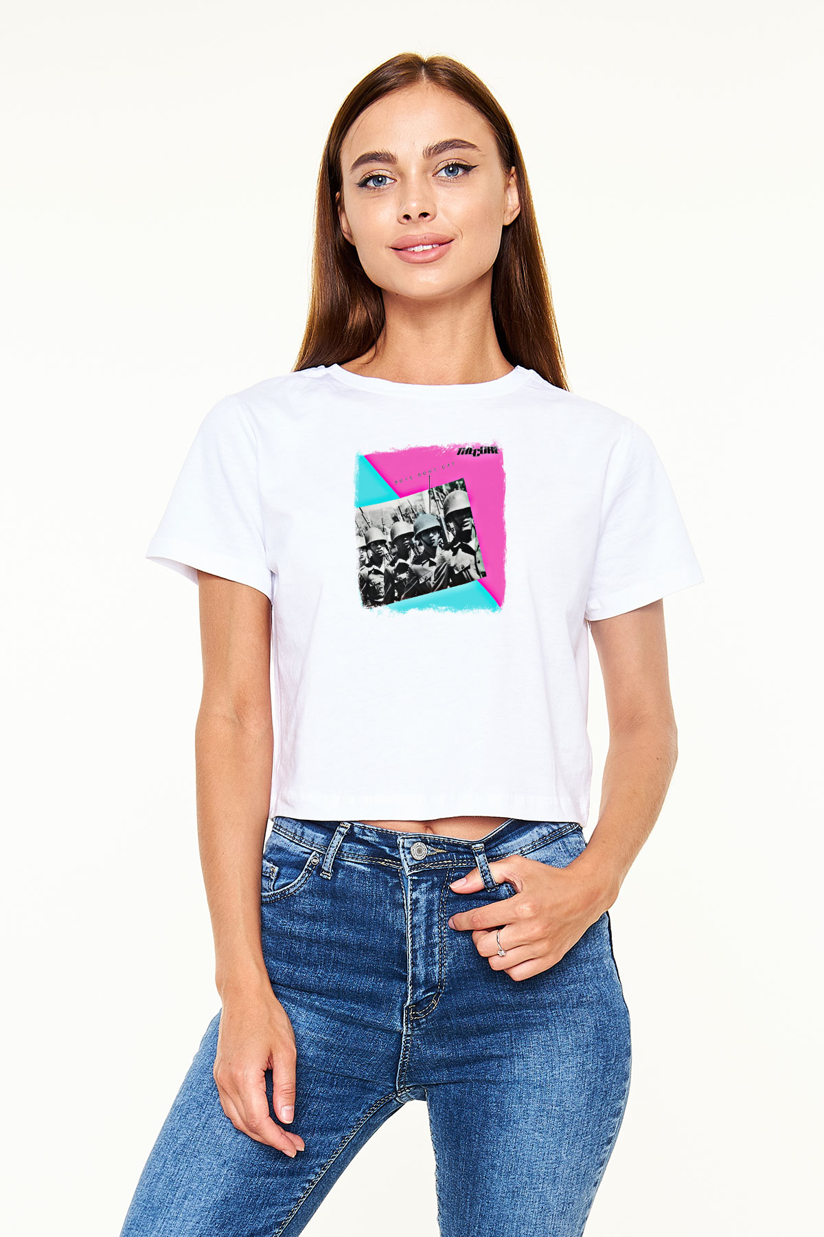 Cure Baskılı Unisex Beyaz Crop Top Tişört