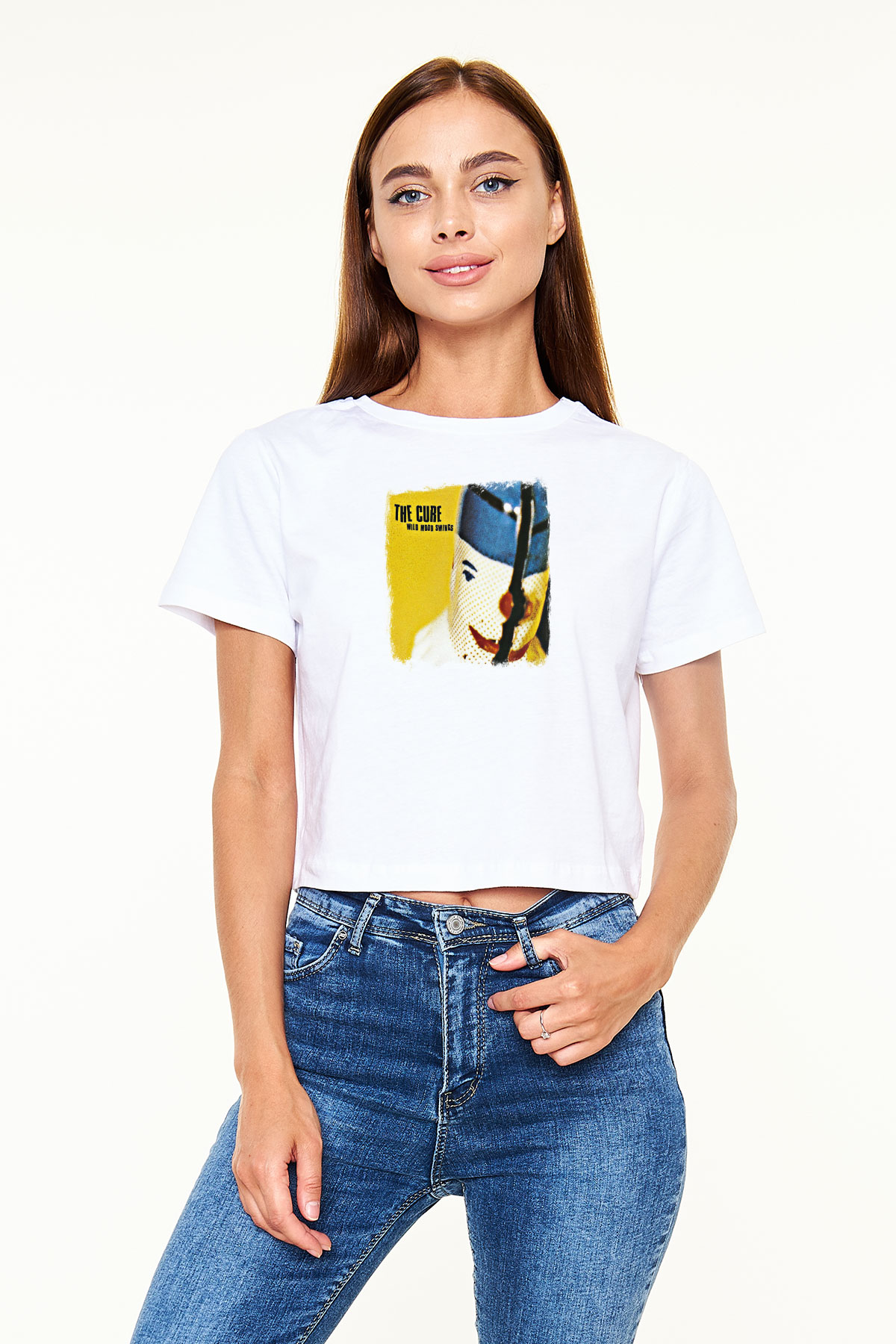 Cure Baskılı Unisex Beyaz Crop Top Tişört