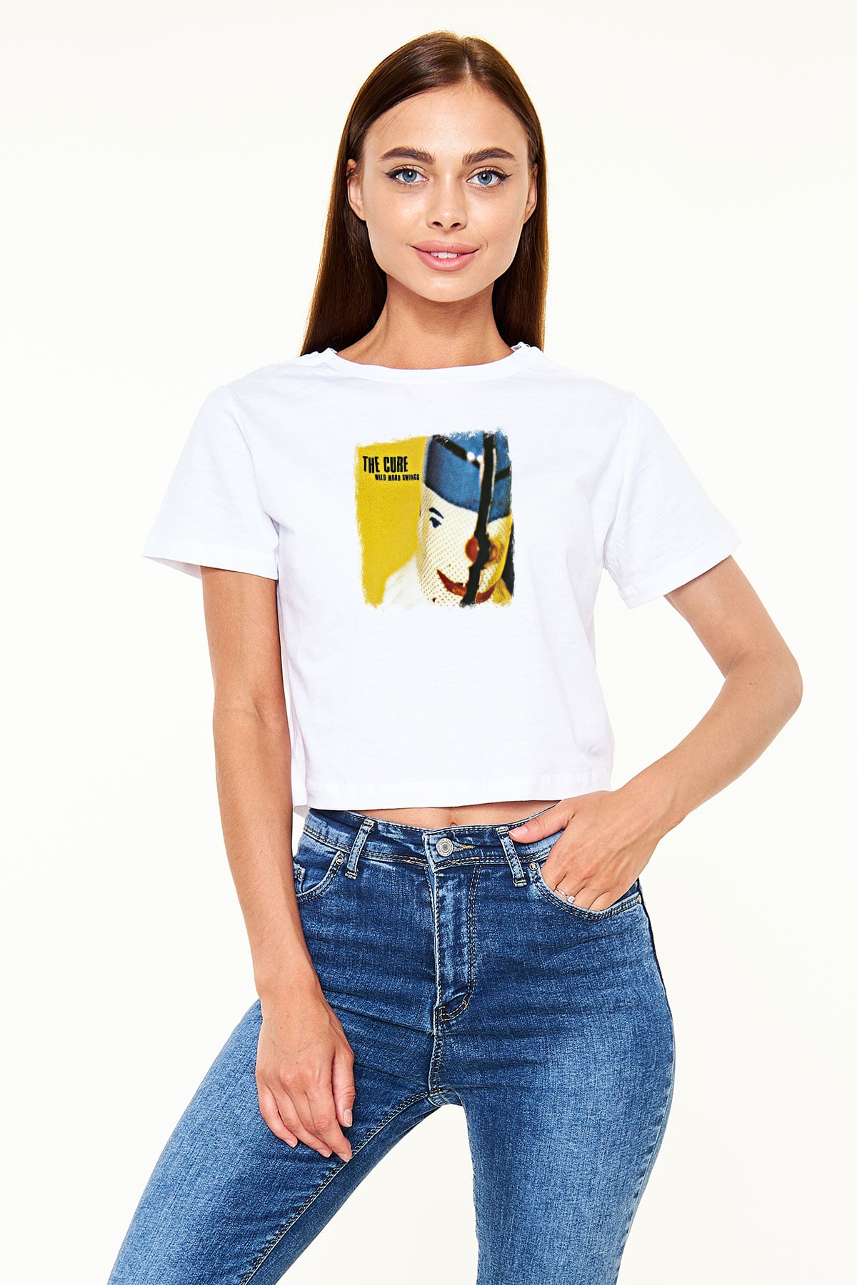 Cure Baskılı Unisex Beyaz Crop Top Tişört