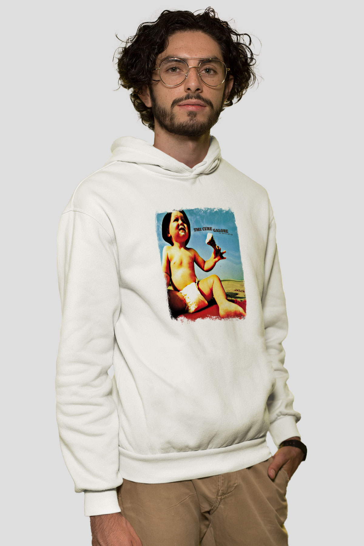 Cure Baskılı Unisex Beyaz Hoodie
