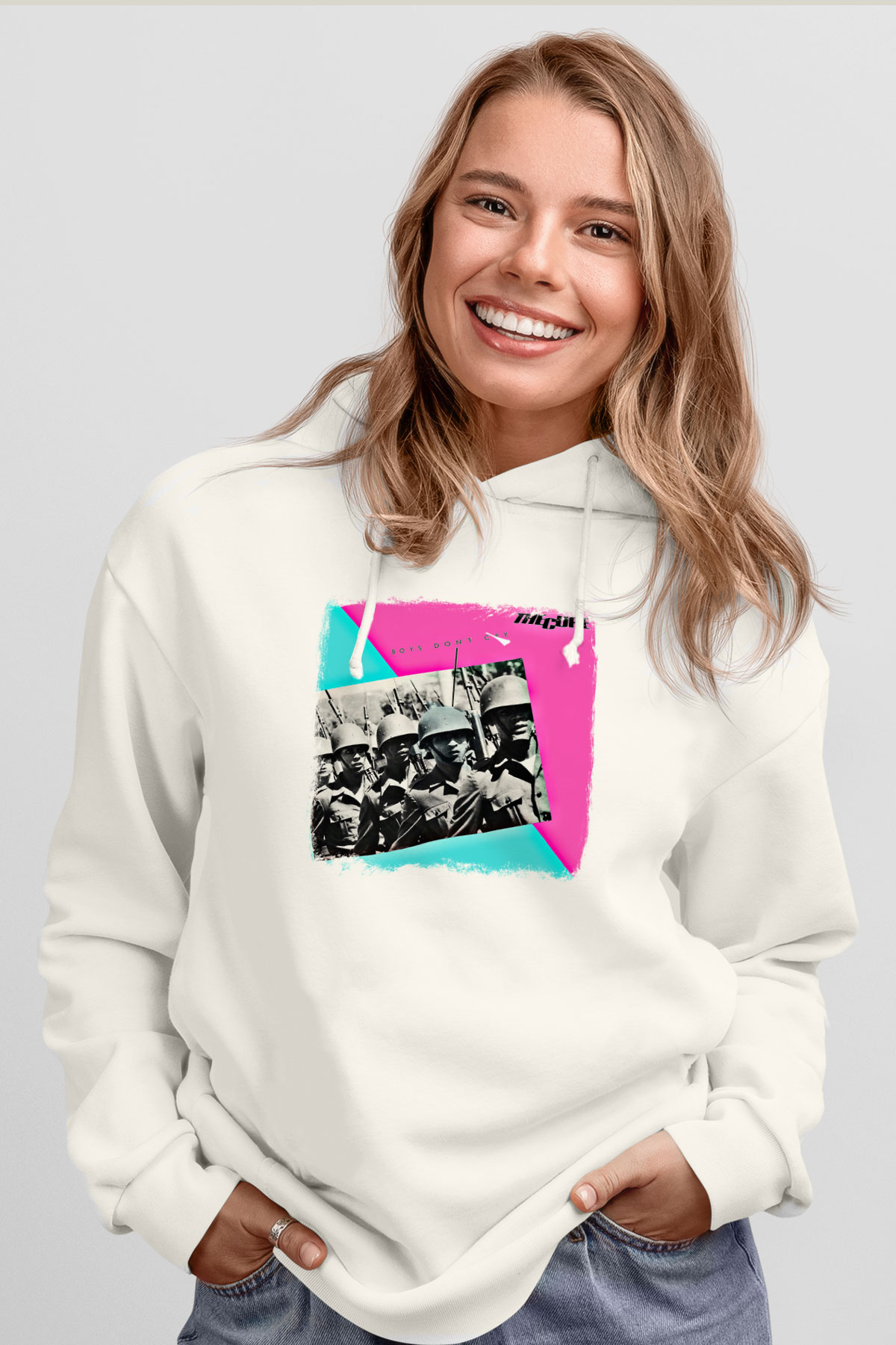 Cure Baskılı Unisex Beyaz Hoodie