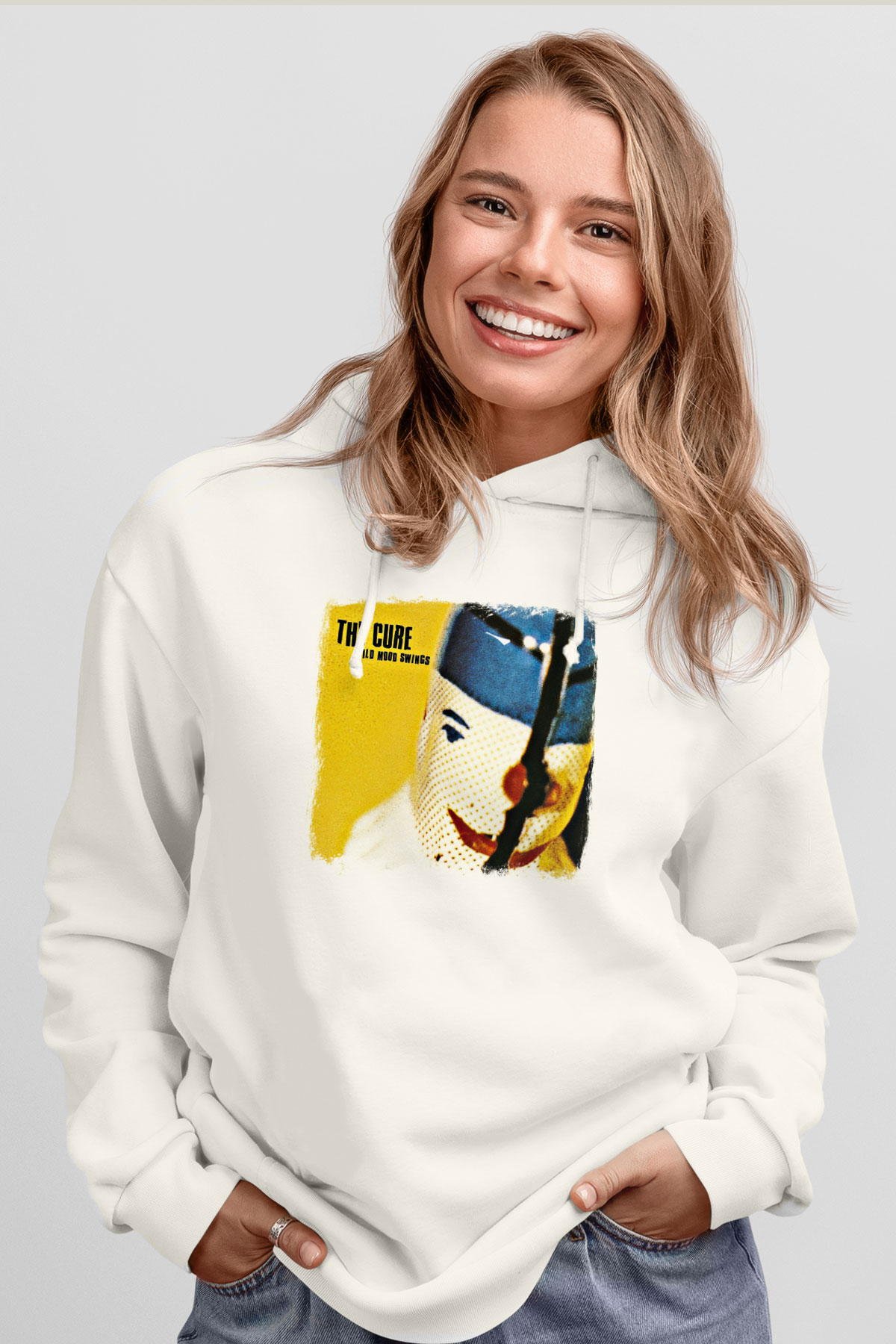 Cure Baskılı Unisex Beyaz Hoodie