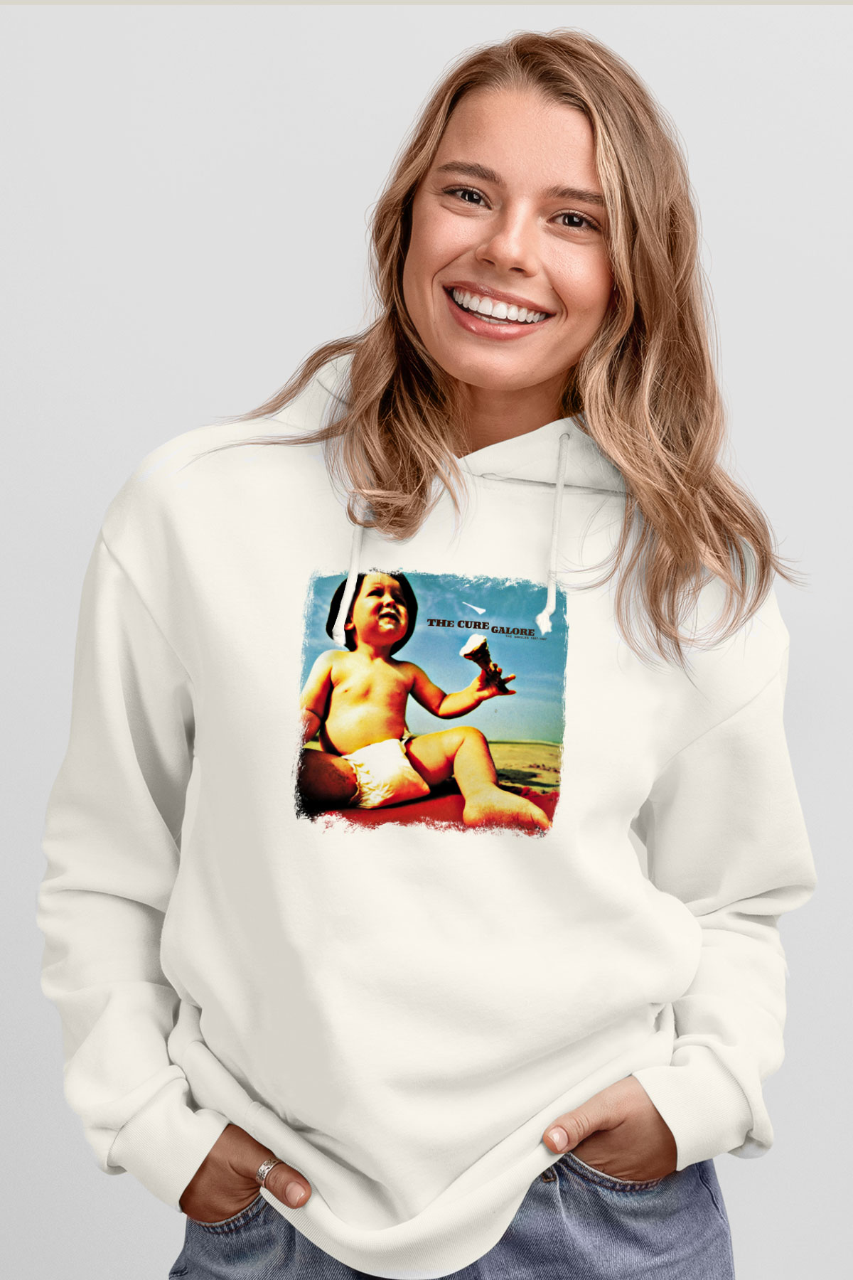 Cure Baskılı Unisex Beyaz Hoodie