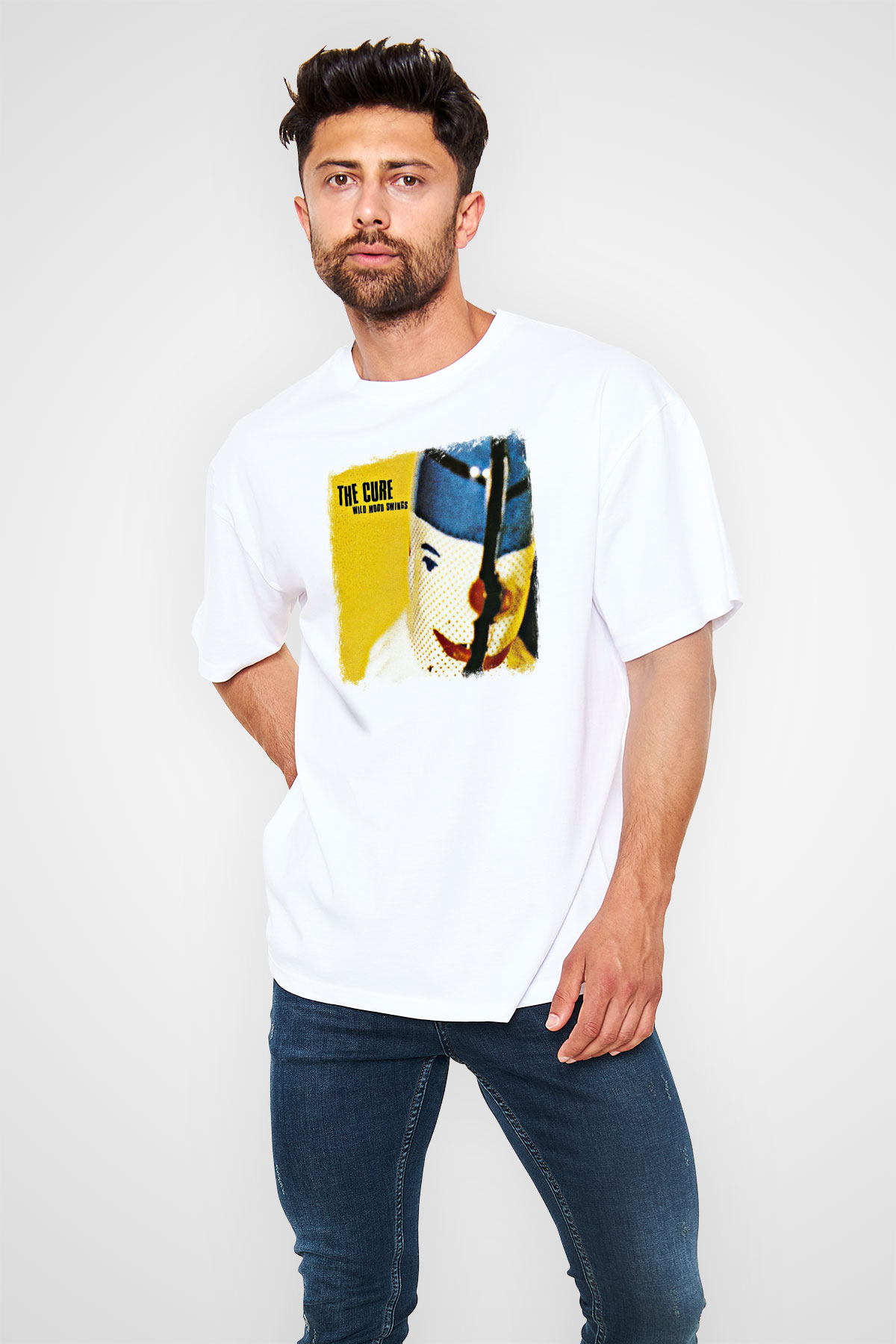 Cure Baskılı Unisex Beyaz Oversize Tişört