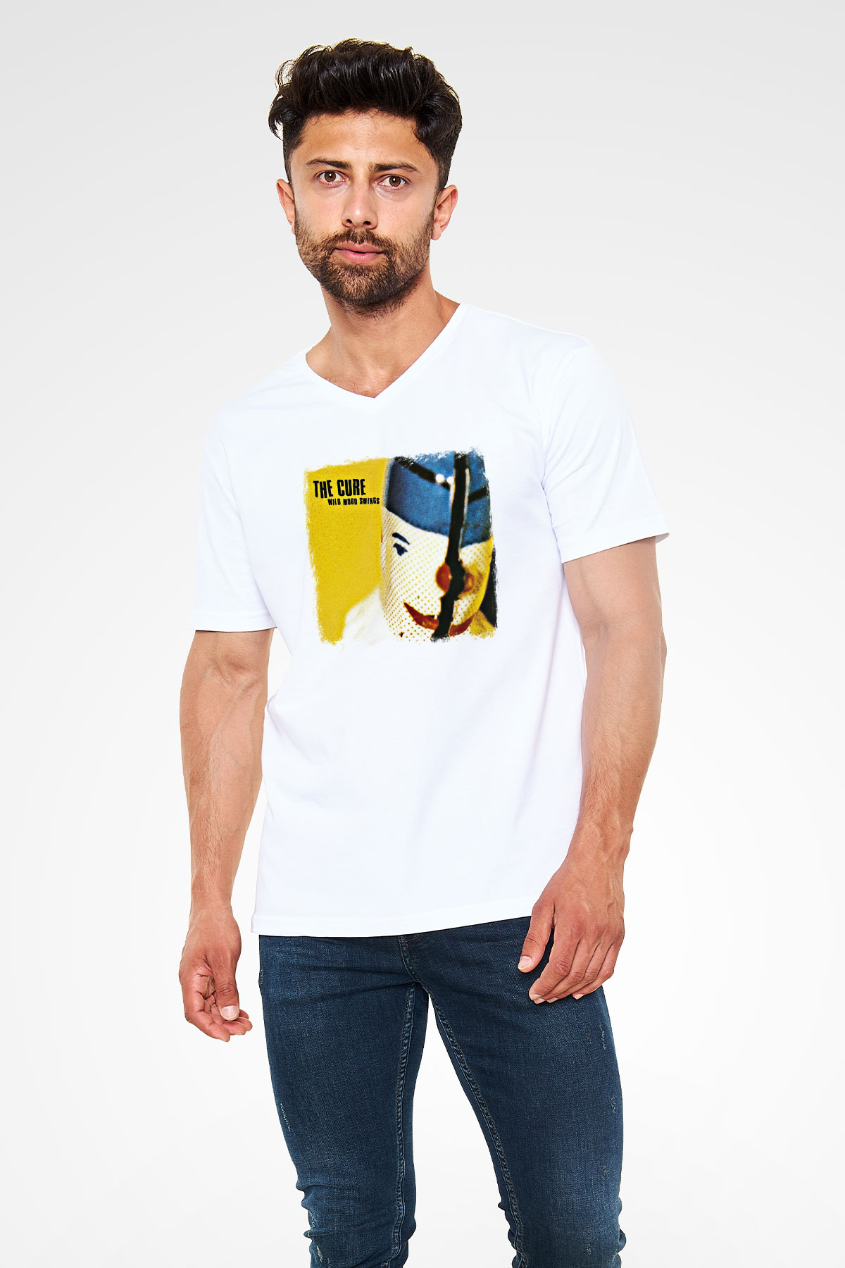 Cure Baskılı Unisex Beyaz V Yaka Tişört