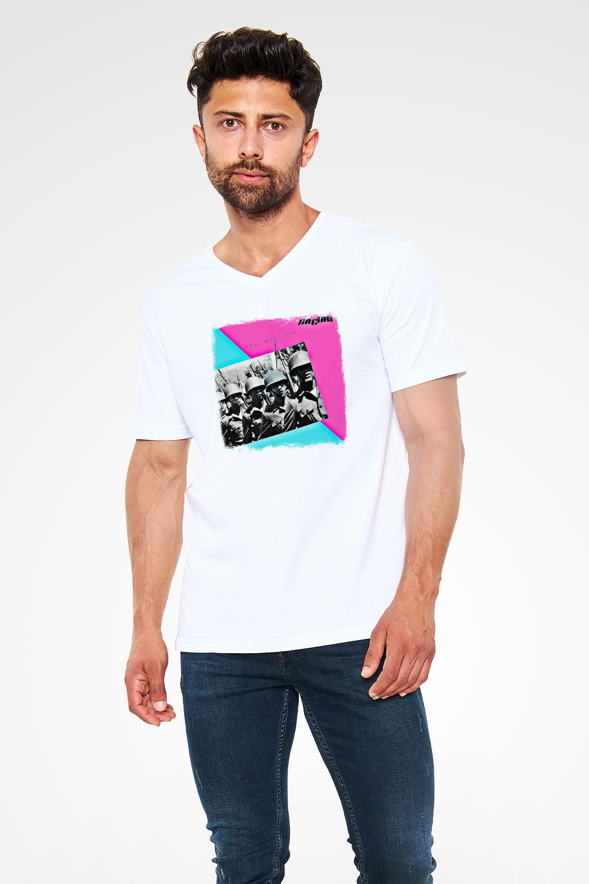 Cure Baskılı Unisex Beyaz V Yaka Tişört
