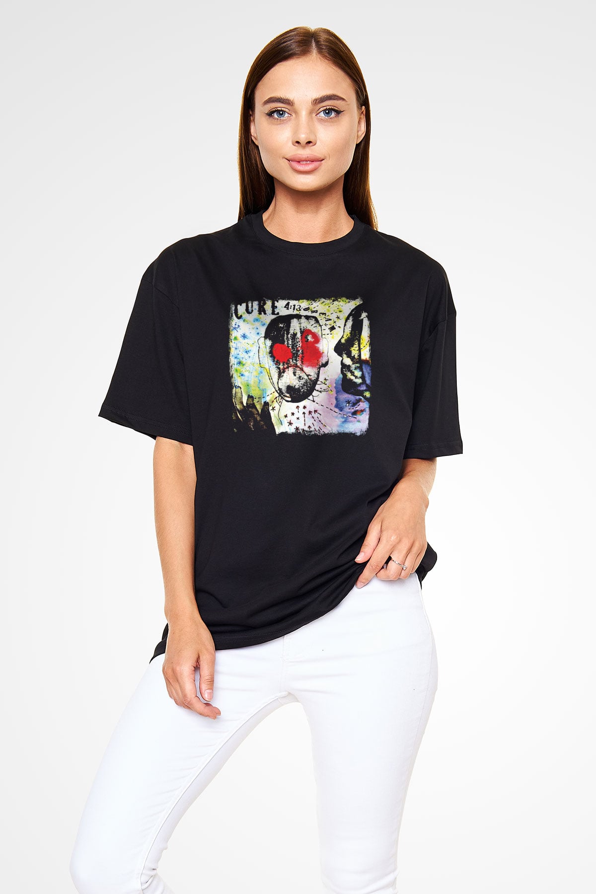 Cure Baskılı Unisex Siyah Oversize Tişört