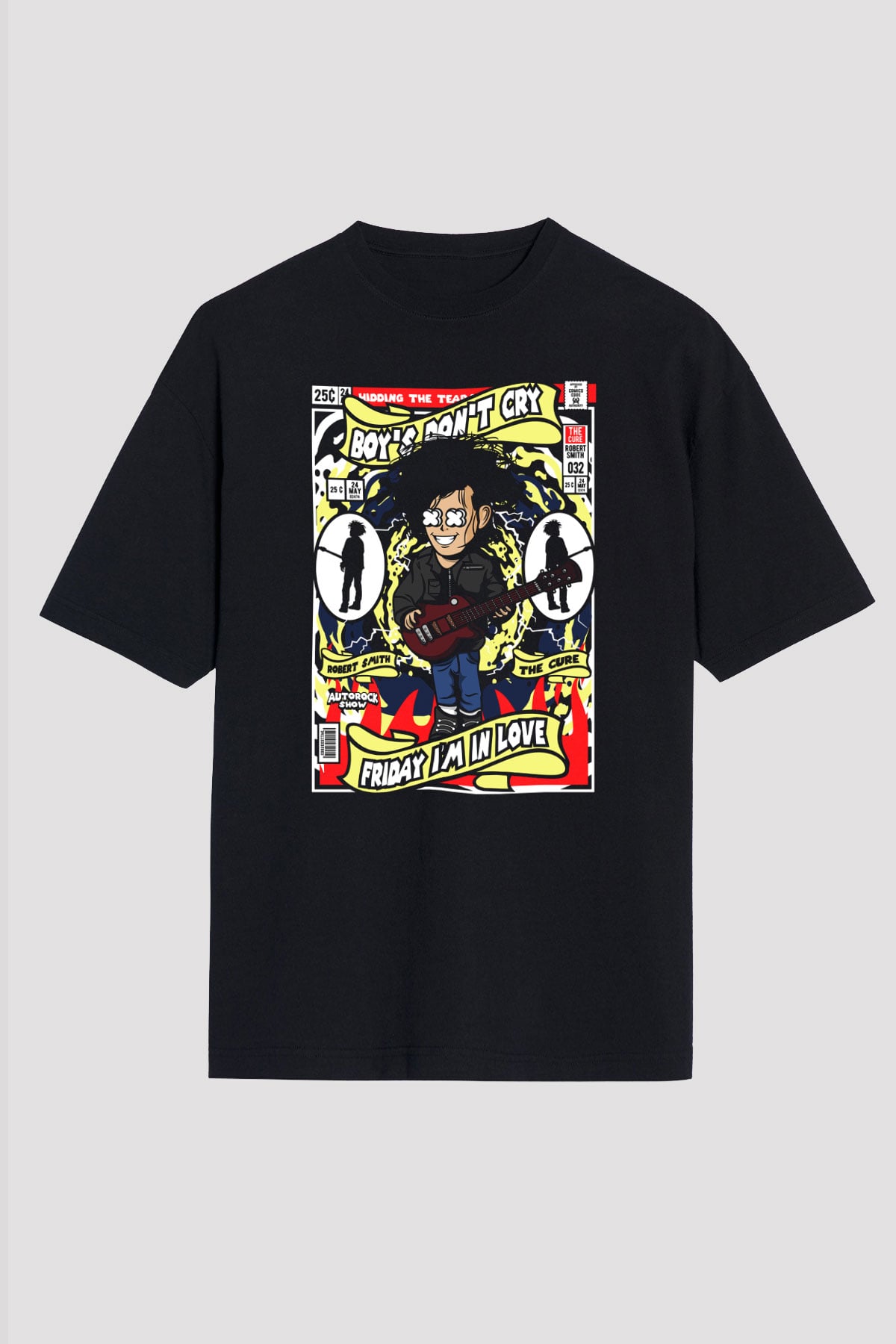 Cure Baskılı Unisex Siyah Oversize Tişört