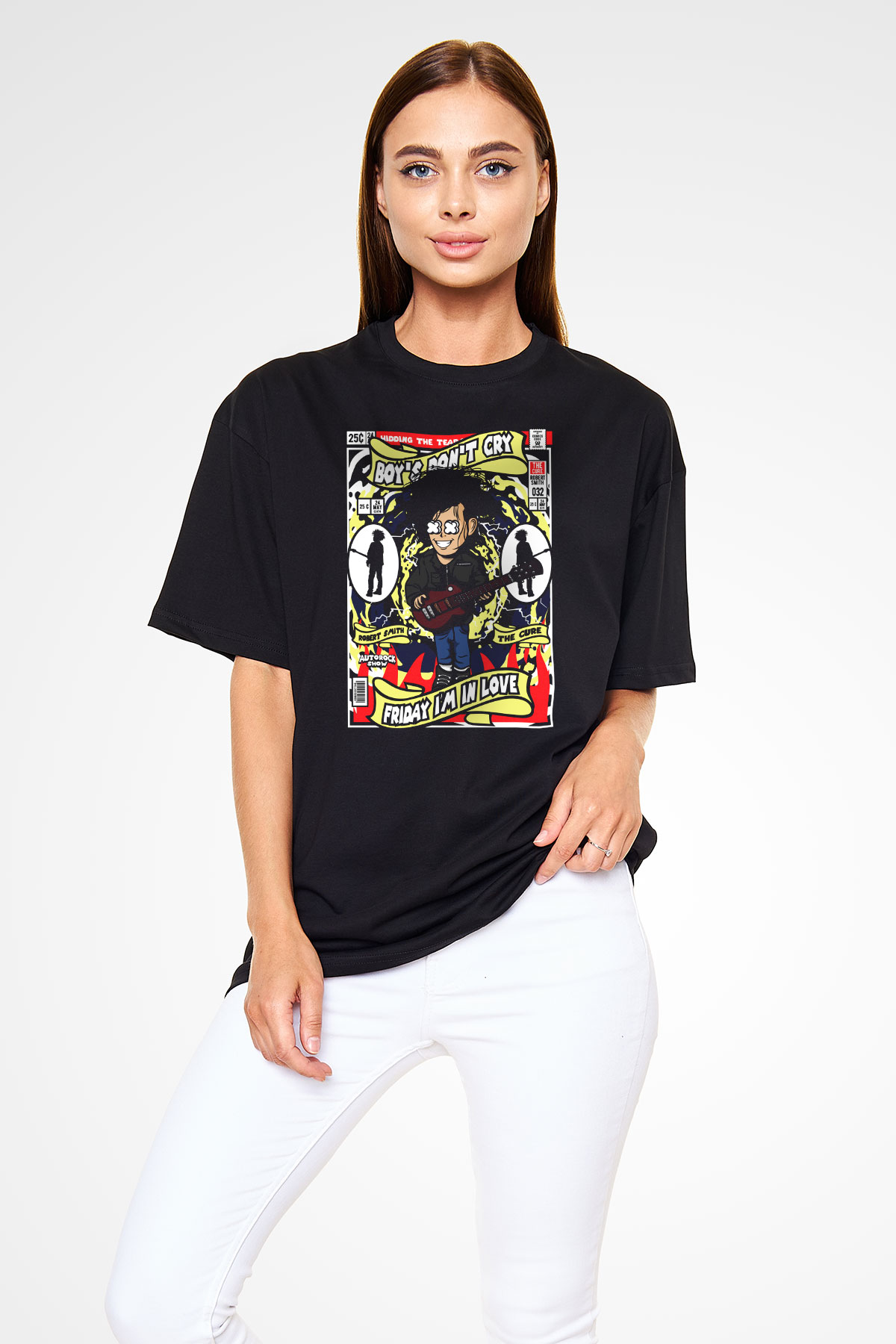 Cure Baskılı Unisex Siyah Oversize Tişört