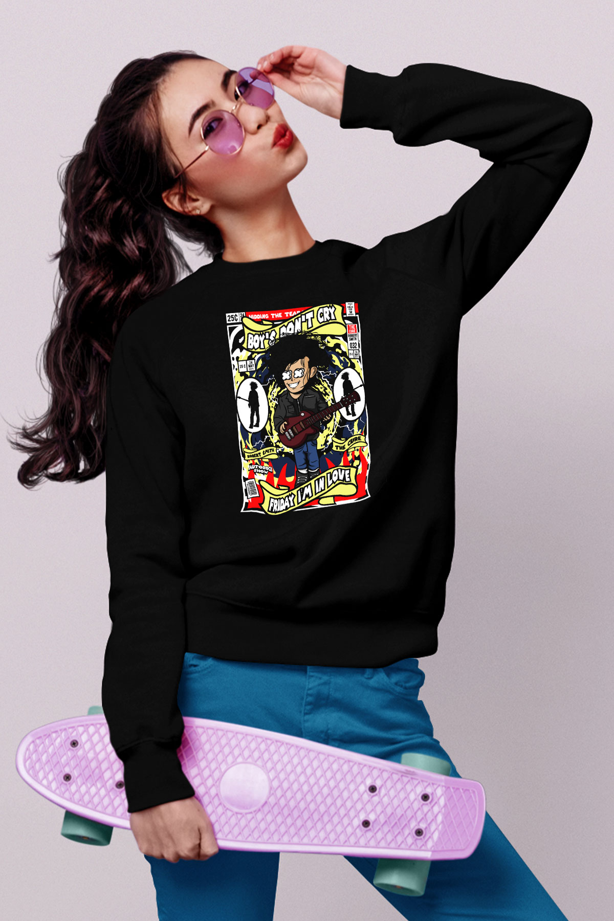 Cure Baskılı Unisex Siyah Sweatshirt