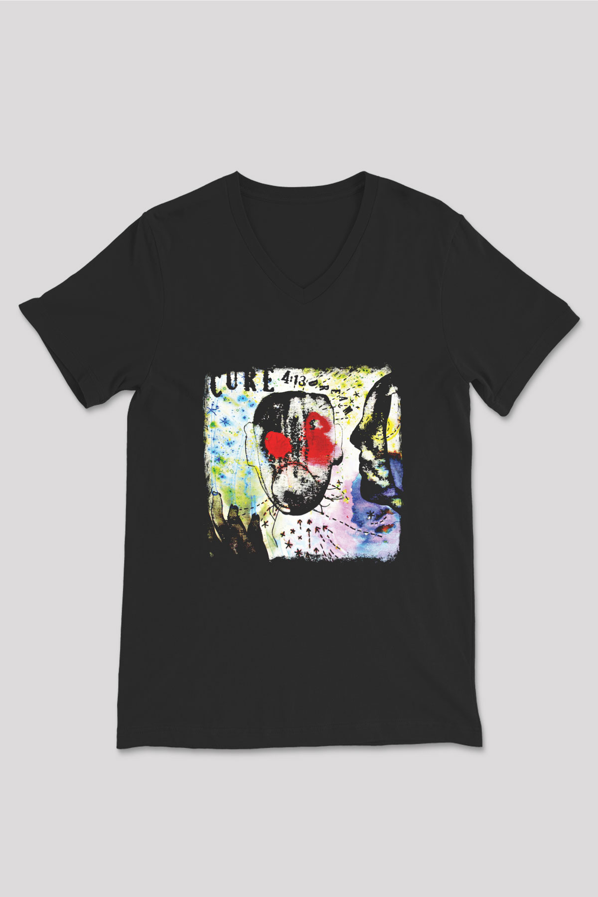 Cure Baskılı Unisex Siyah V Yaka Tişört