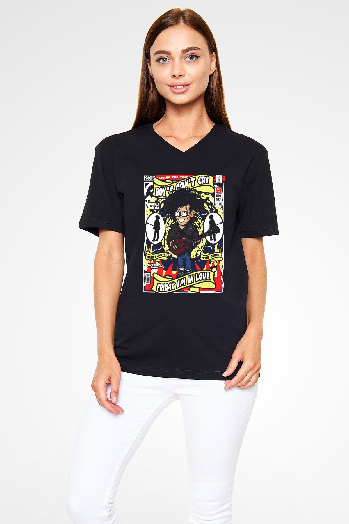 Cure Baskılı Unisex Siyah V Yaka Tişört
