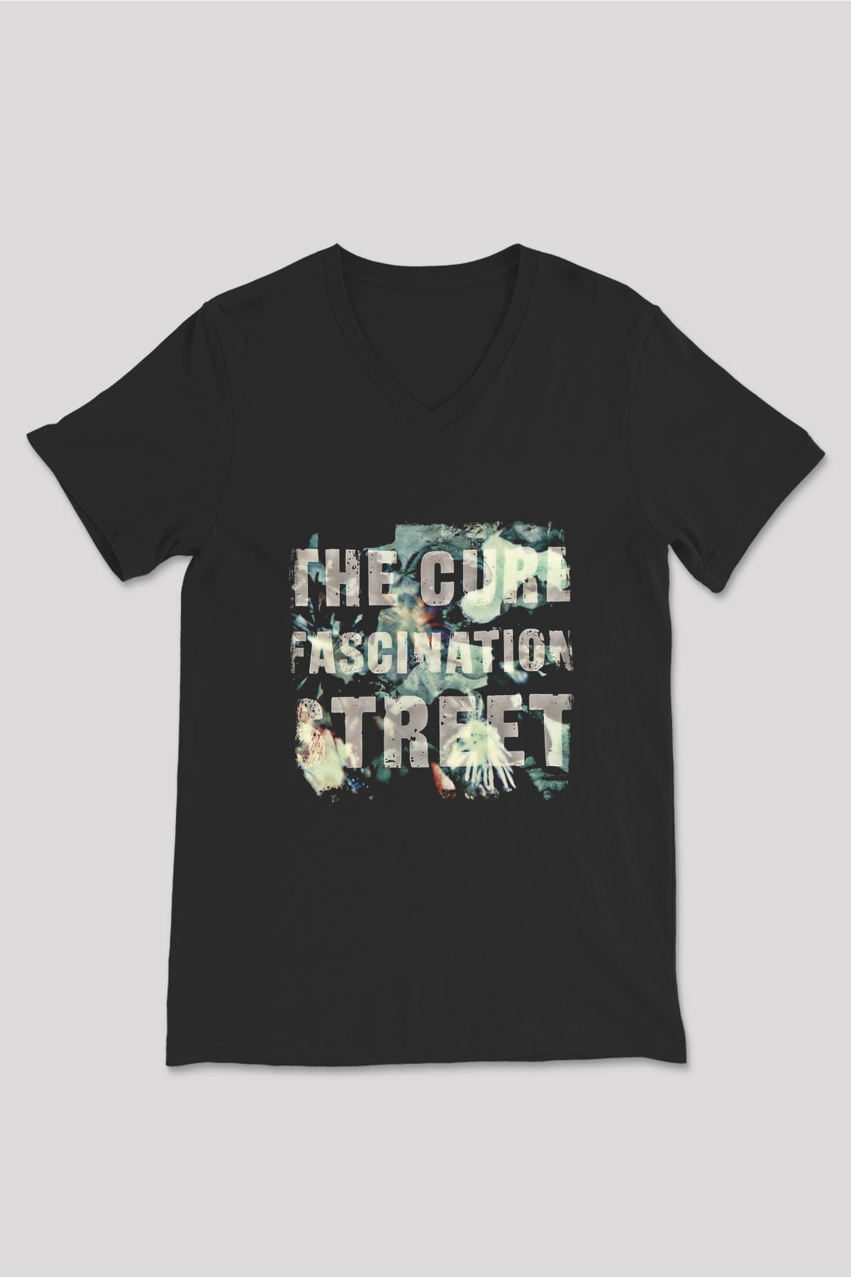 Cure Baskılı Unisex Siyah V Yaka Tişört