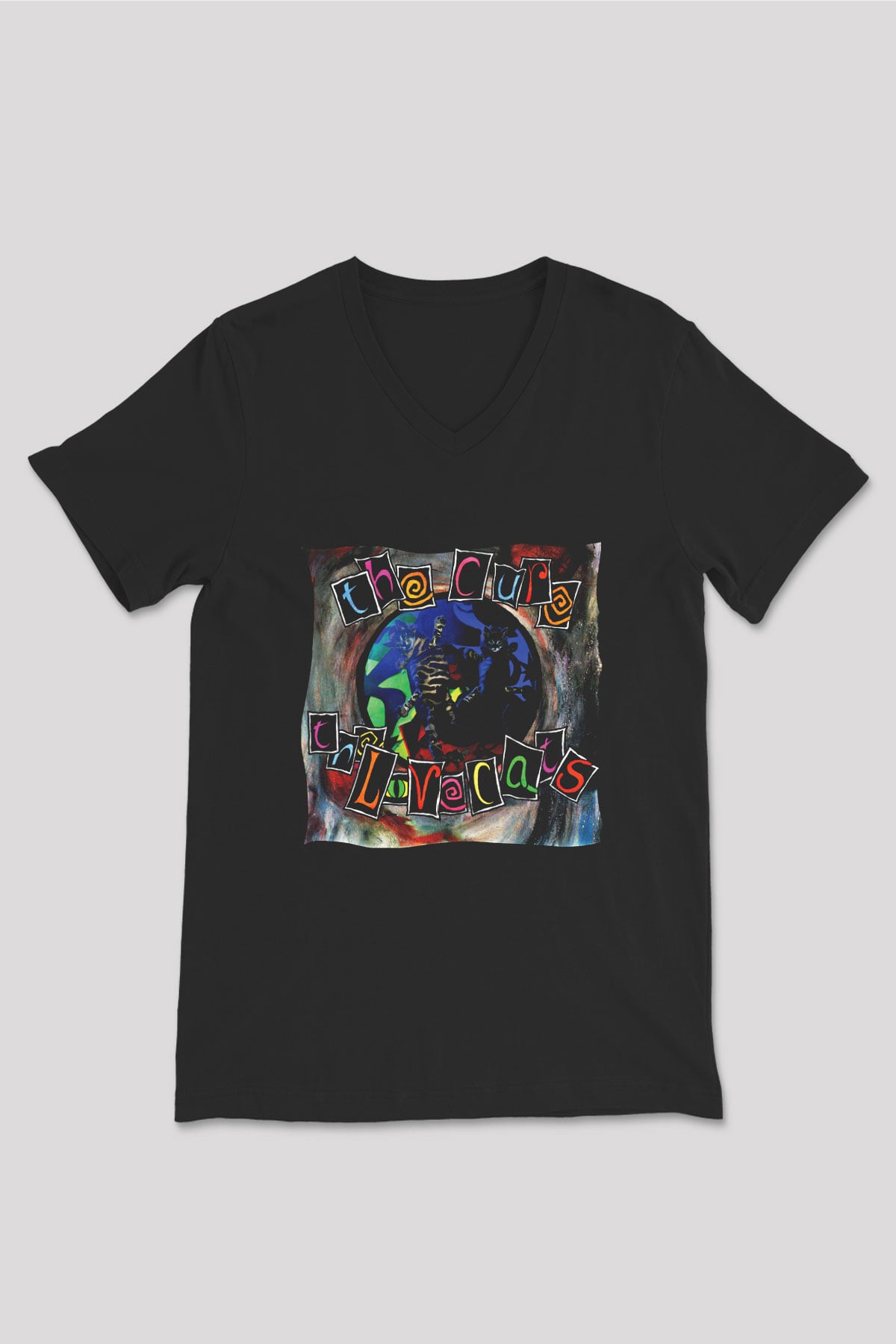 Cure Baskılı Unisex Siyah V Yaka Tişört