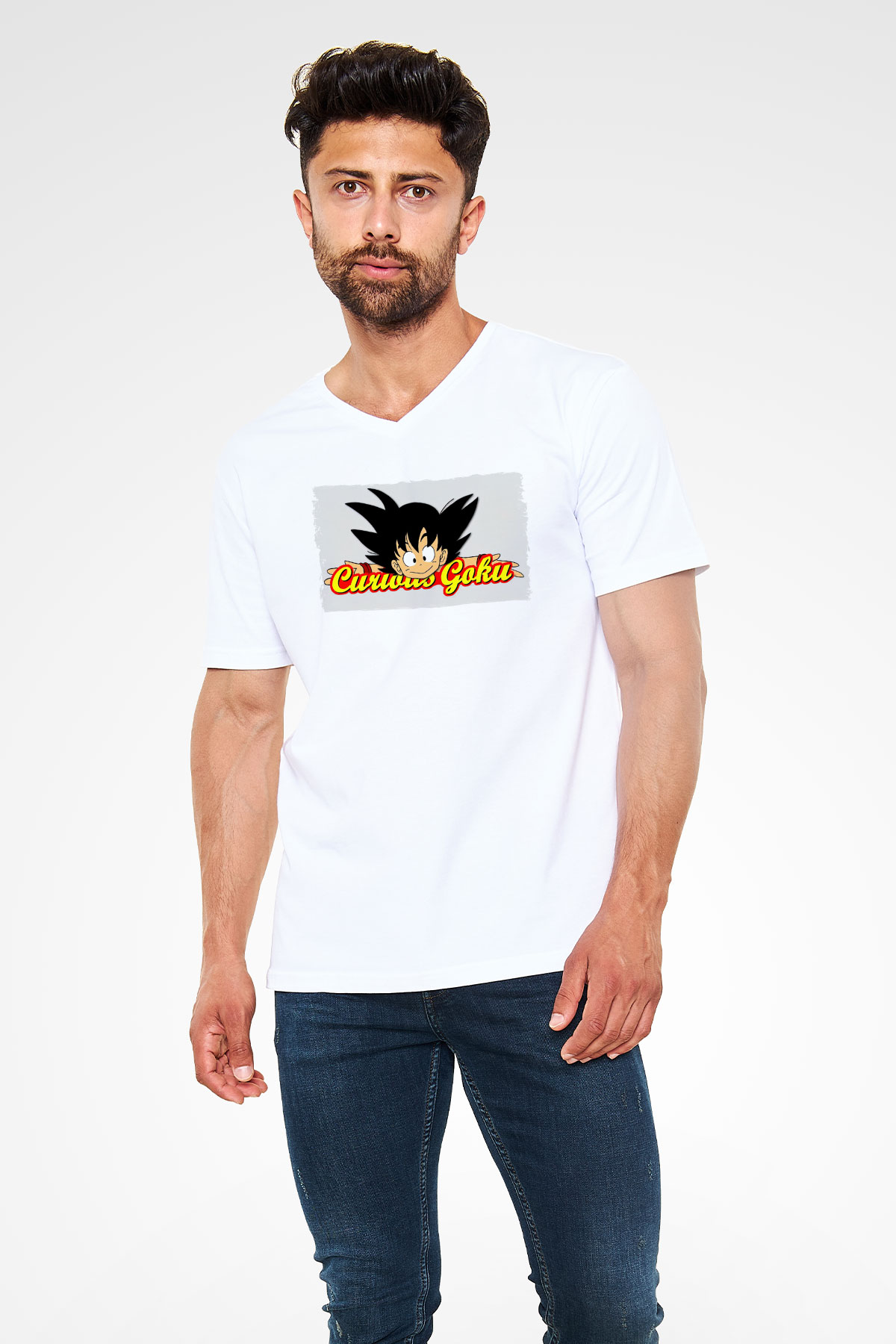 Curious George Beyaz Unisex V Yaka Tişört