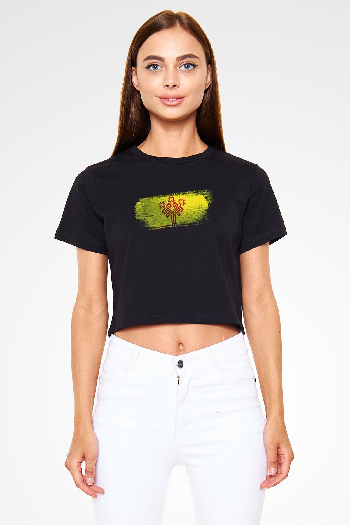 Çuvaşistan - Chuvashia Bayrağı Baskılı Kadın Crop Top Siyah Tişört