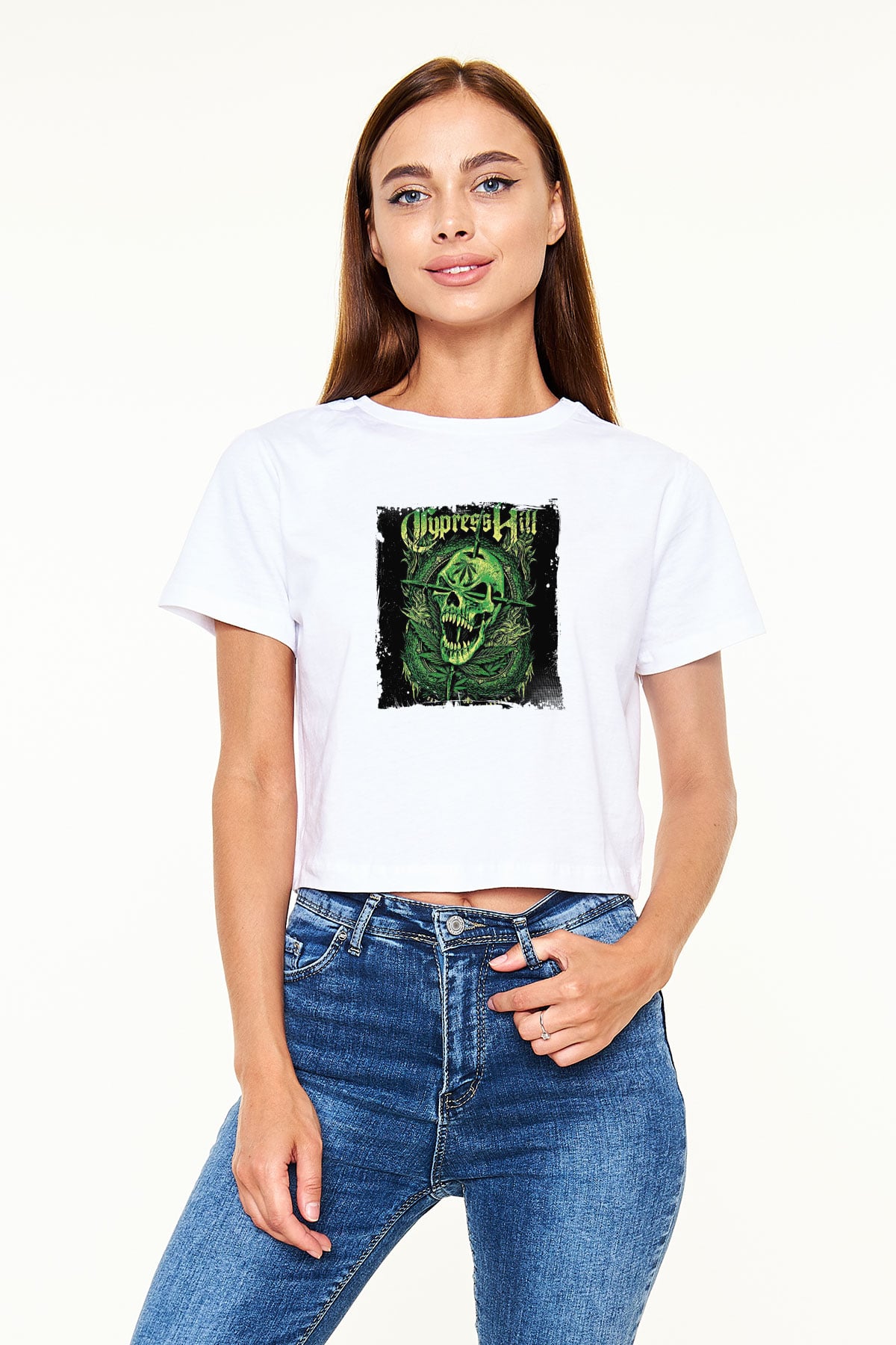 Cypress Hill Baskılı Beyaz Kadın Crop Top Tişört