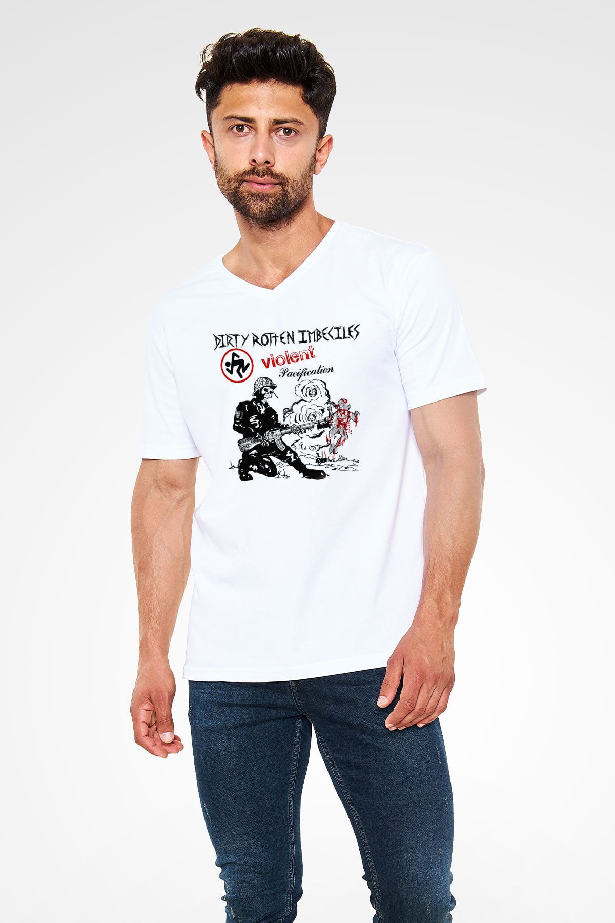 D.R.I Beyaz Unisex V Yaka Tişört T-Shirt