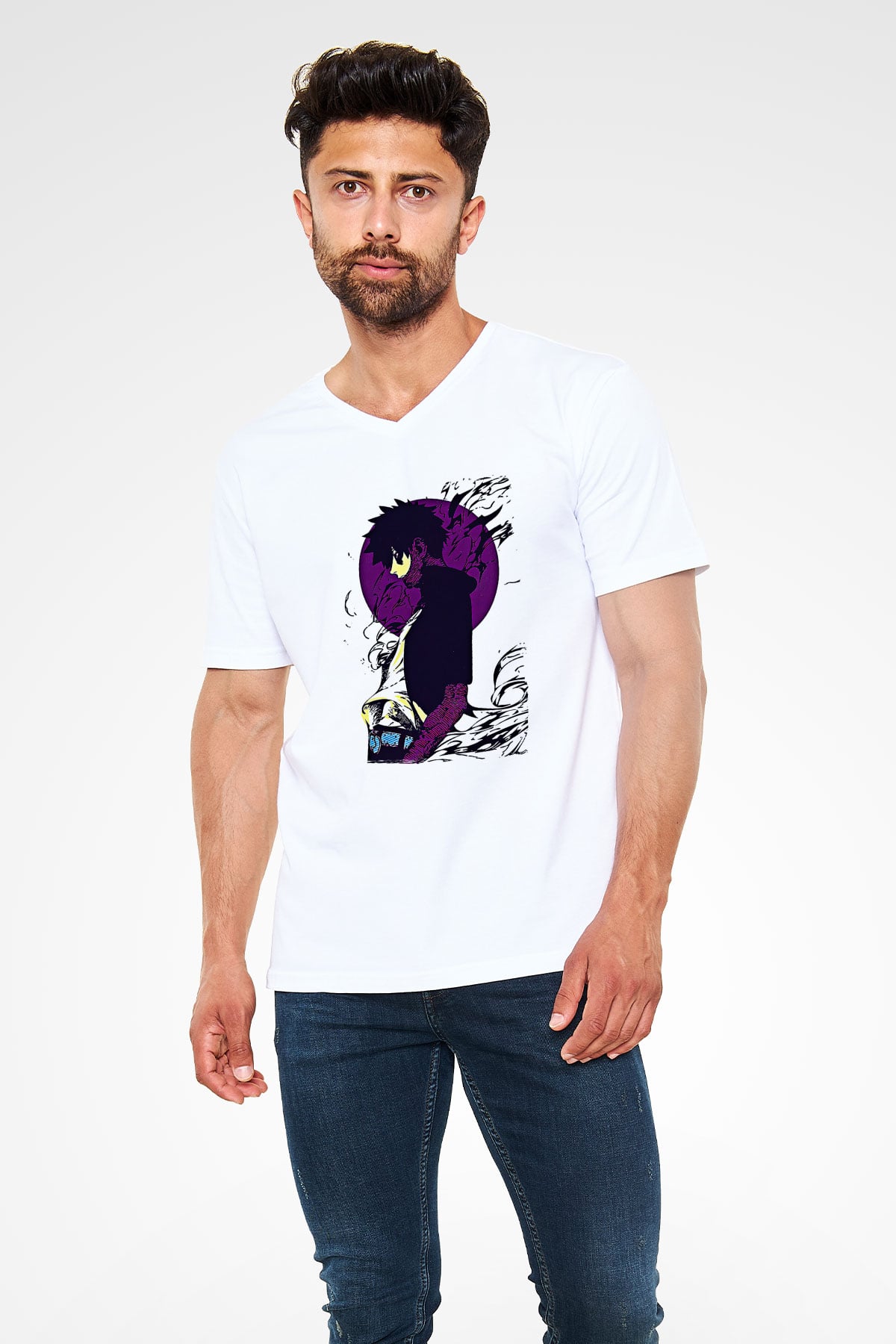Dabi Baskılı Beyaz Unisex V Yaka Tişört - Tshirt