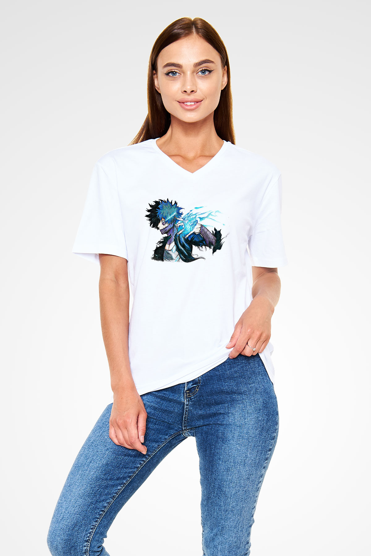 Dabi Baskılı Beyaz Unisex V Yaka Tişört - Tshirt