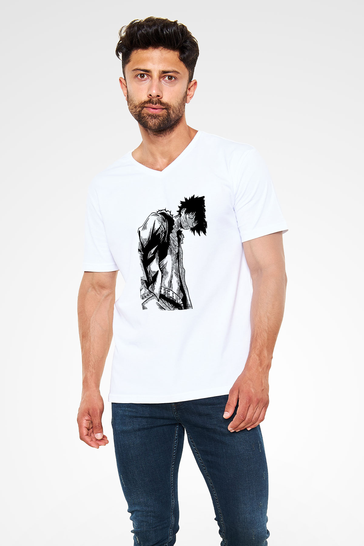 Dabi Baskılı Beyaz Unisex V Yaka Tişört - Tshirt