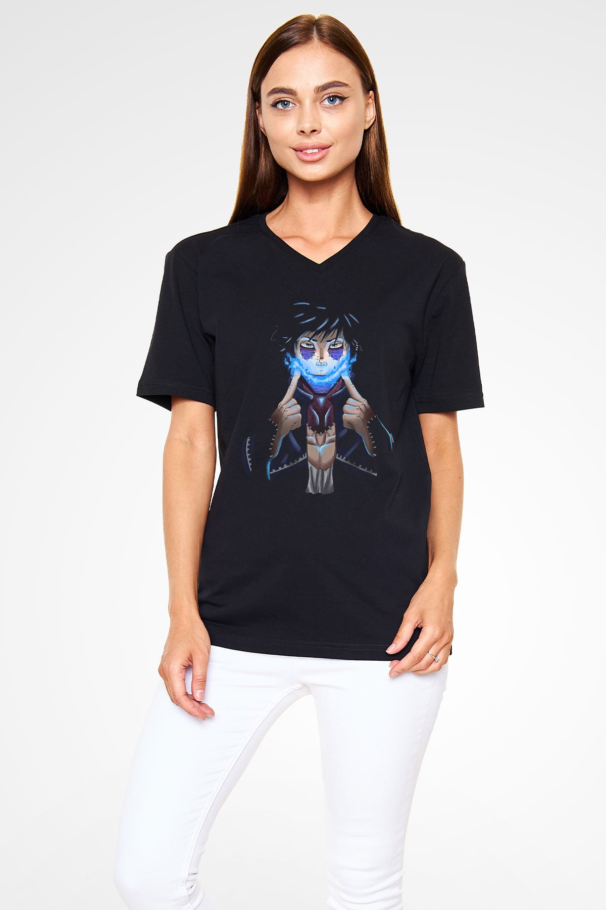 Dabi Baskılı Unisex Siyah V Yaka Tişört - Tshirt