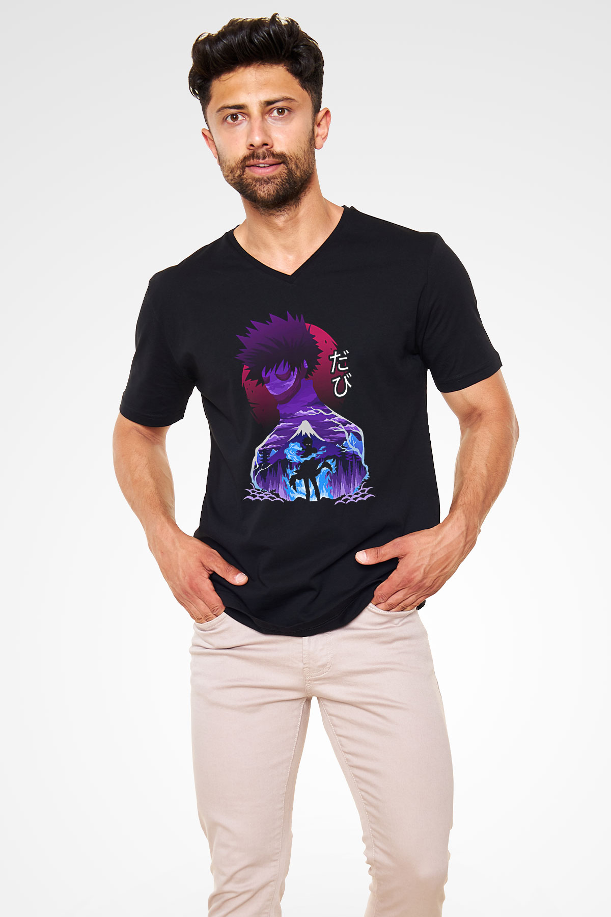 Dabi Baskılı Unisex Siyah V Yaka Tişört - Tshirt