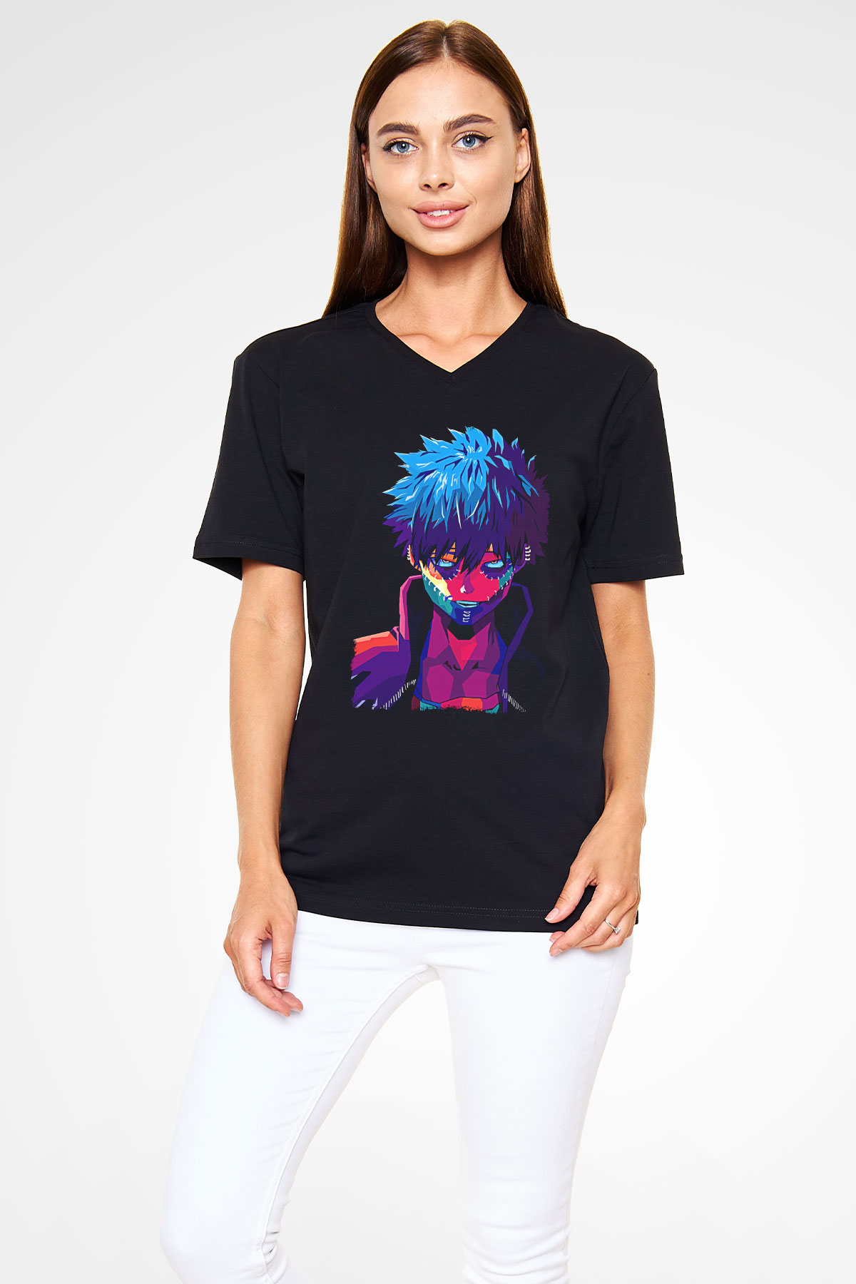 Dabi Baskılı Unisex Siyah V Yaka Tişört - Tshirt