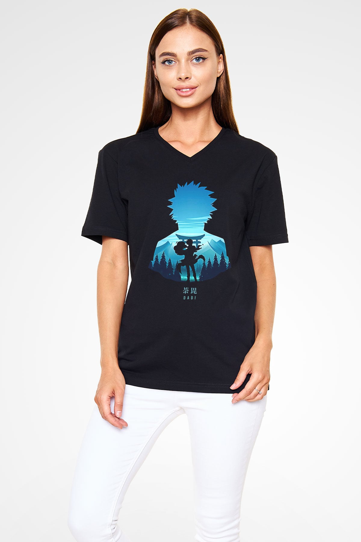 Dabi Baskılı Unisex Siyah V Yaka Tişört - Tshirt