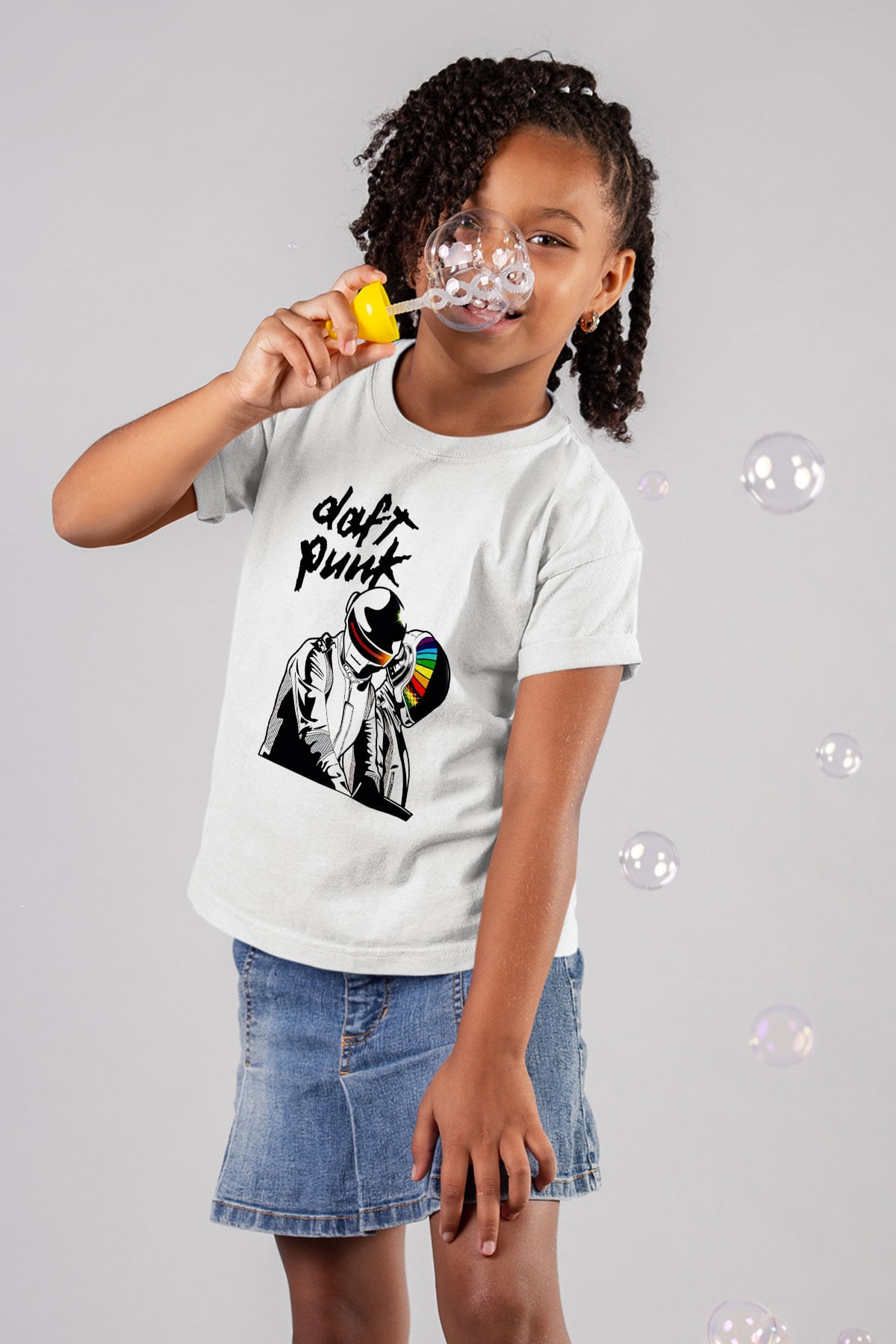 Daft Punk Baskılı Beyaz Unisex Çocuk Tişört